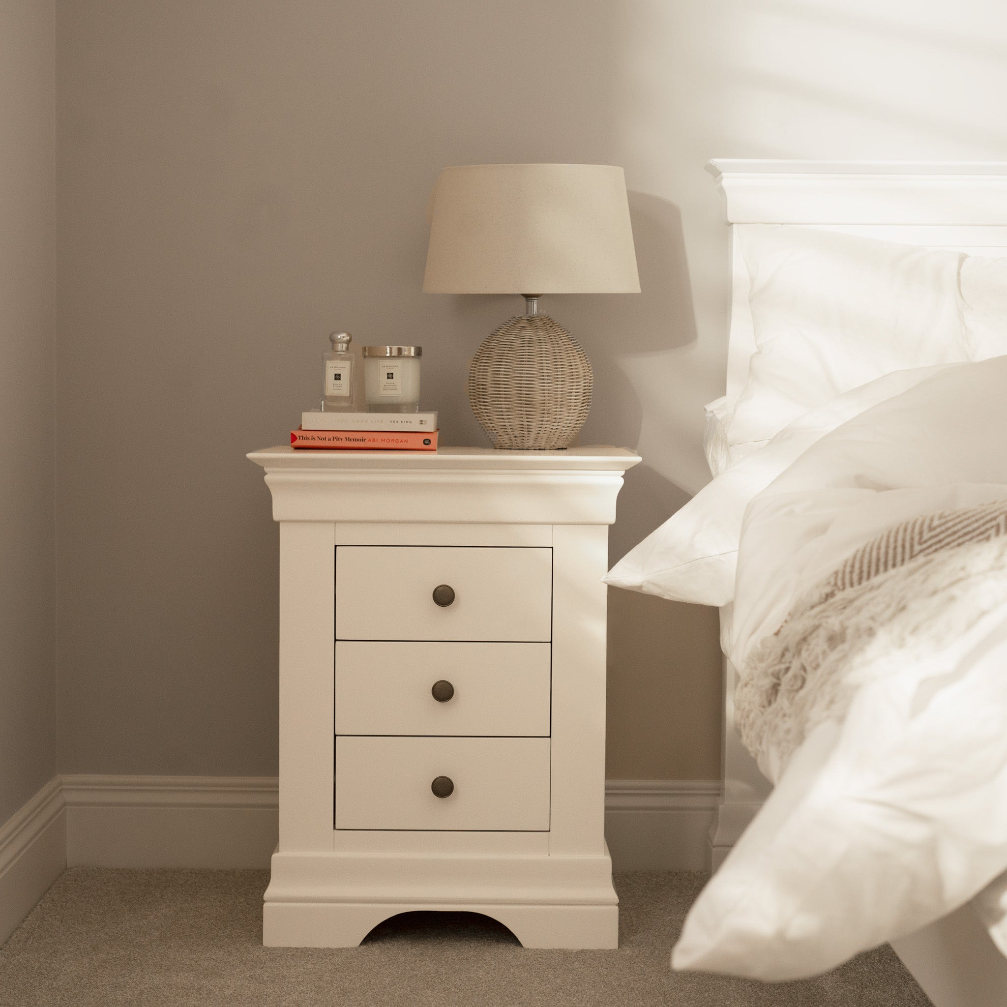 Chalbury 3 Drawer Bedside Table in Warm White