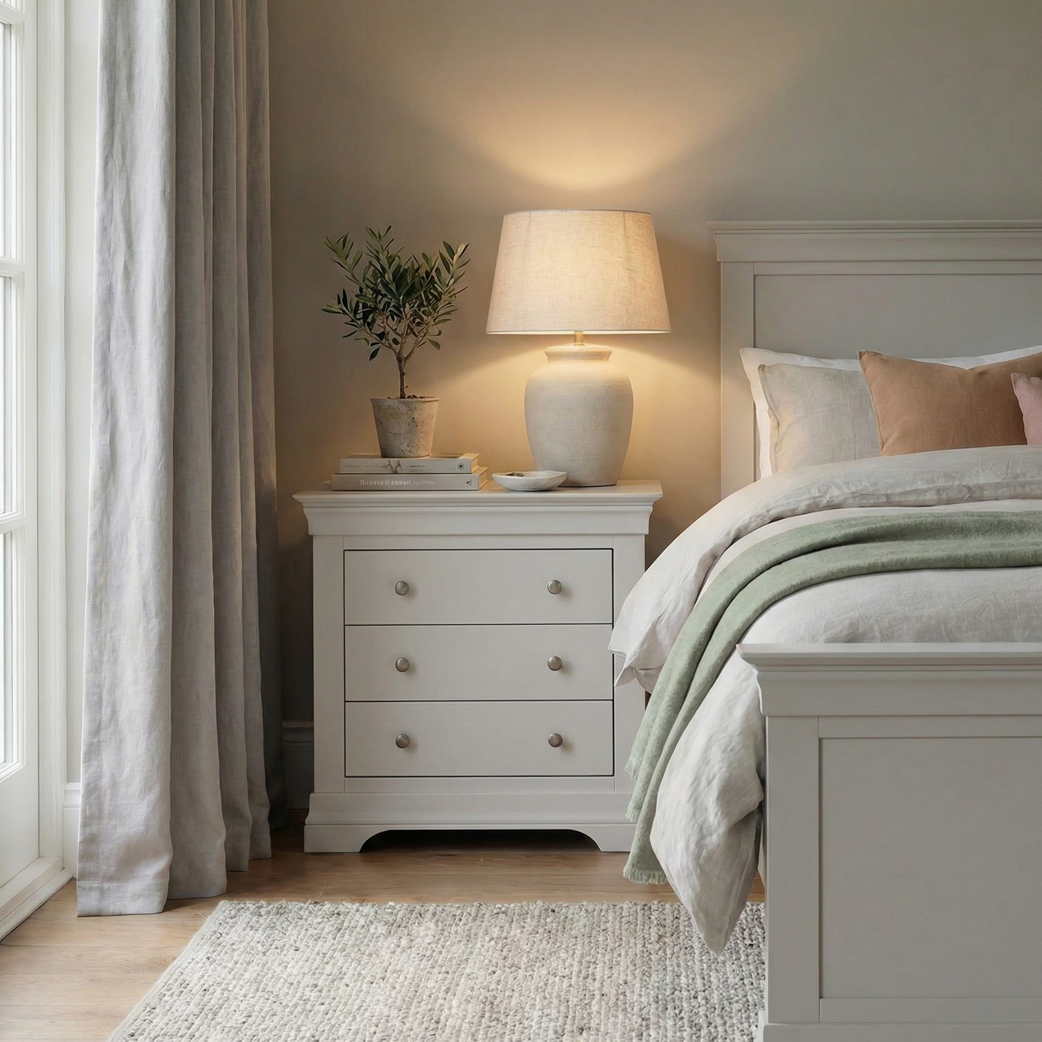 A cozy bedroom with a white nightstand, Chalbury 3 Drawer Chest in Pebble Grey, lamp, potted plant, and a neatly made bed with soft bedding.