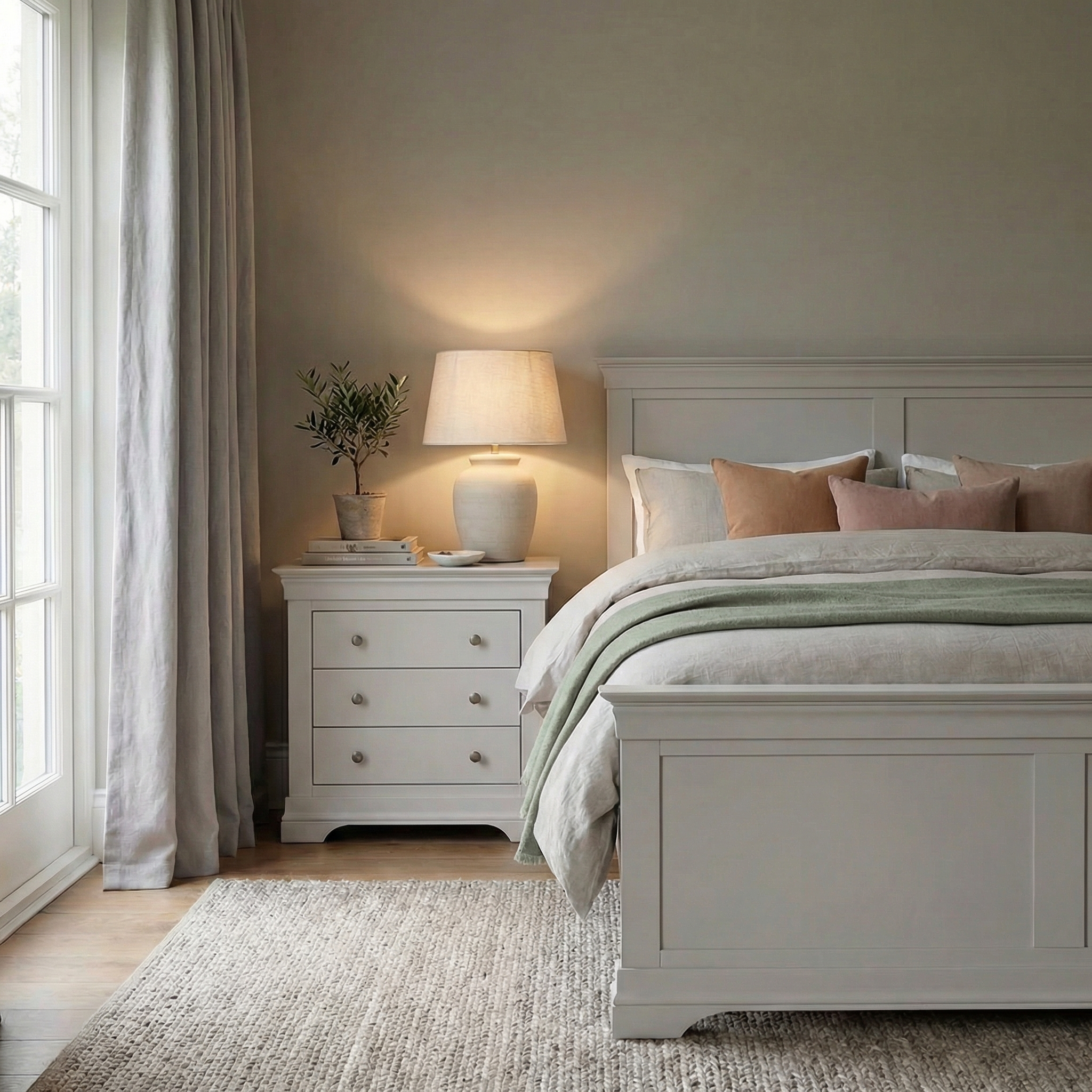 A bright bedroom with a white bed, nightstand, lamp, potted plant, neutral decor, and the Chalbury 3 Drawer Chest in Pebble Grey for stylish storage.