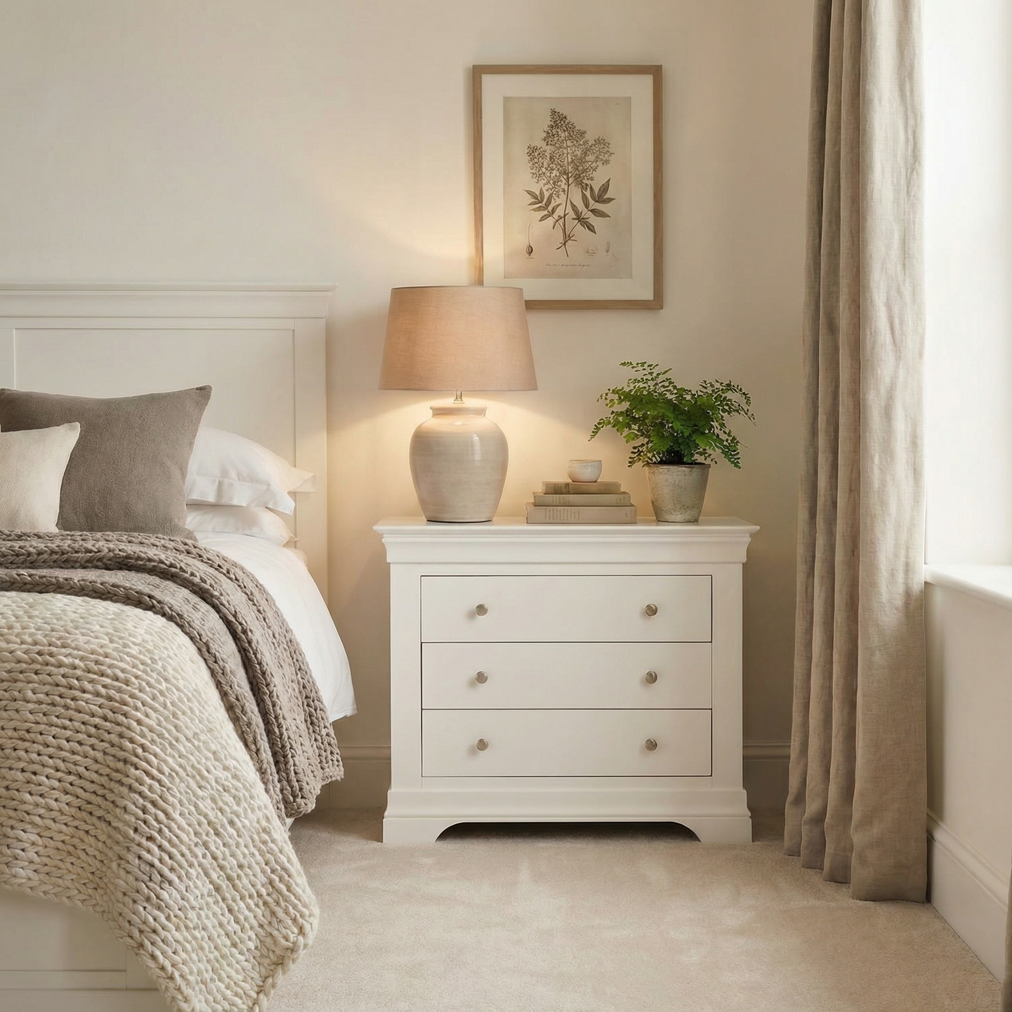A cozy bedroom with a Chalbury 3 Drawer Chest in Warm White, a lamp, plant, books, and neutral-toned bedding and curtains.