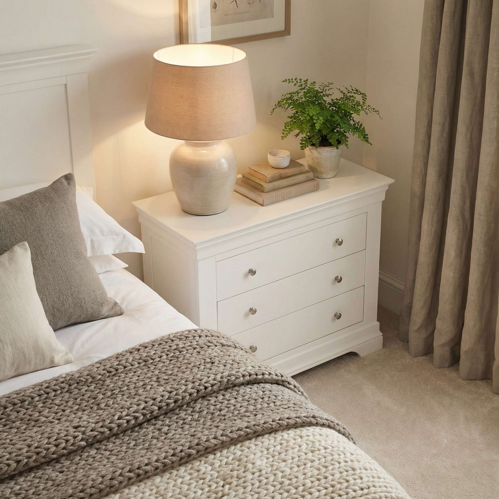 Cozy bedroom featuring the Chalbury 3 Drawer Chest in Warm White, a nightstand, lamp, potted plant, books, and knitted blankets that add charm to the bed.