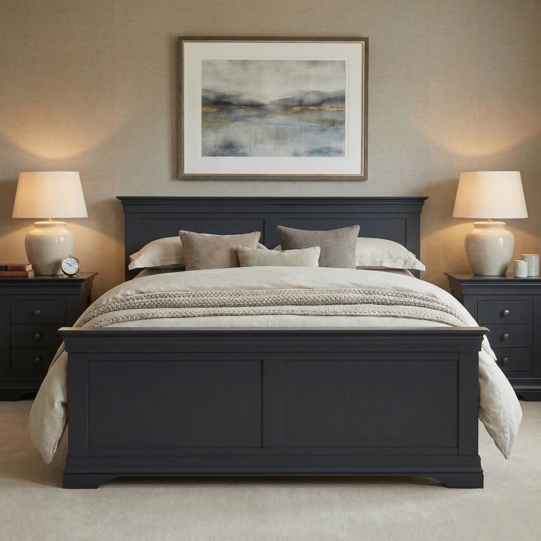A neatly made bed with neutral bedding sits atop the Chalbury 4ft 6" High End Double Bed Frame in Dusky Black, flanked by two lamps and highlighted by a framed abstract painting above the headboard.