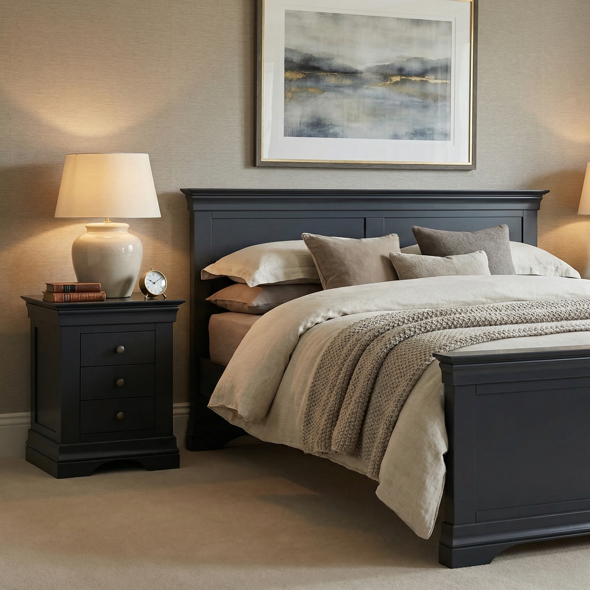 A cozy bedroom featuring the Chalbury 4ft 6" High End Double Bed Frame in dusky black, beige bedding, a matching nightstand, lamps, and abstract wall art.