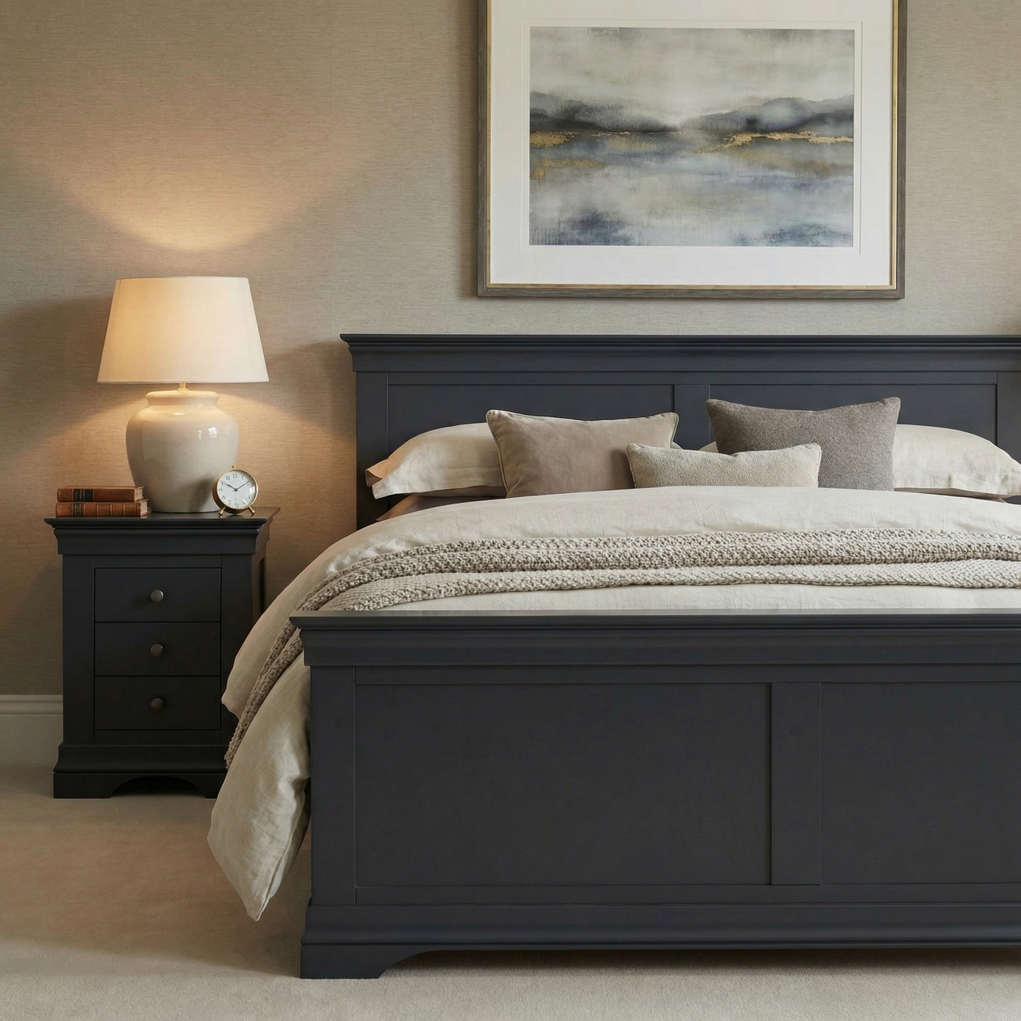 A neatly made Chalbury 4ft 6" High End Double Bed Frame in Dusky Black with gray bedding, a bedside table, lamp, and abstract art on the wall above.