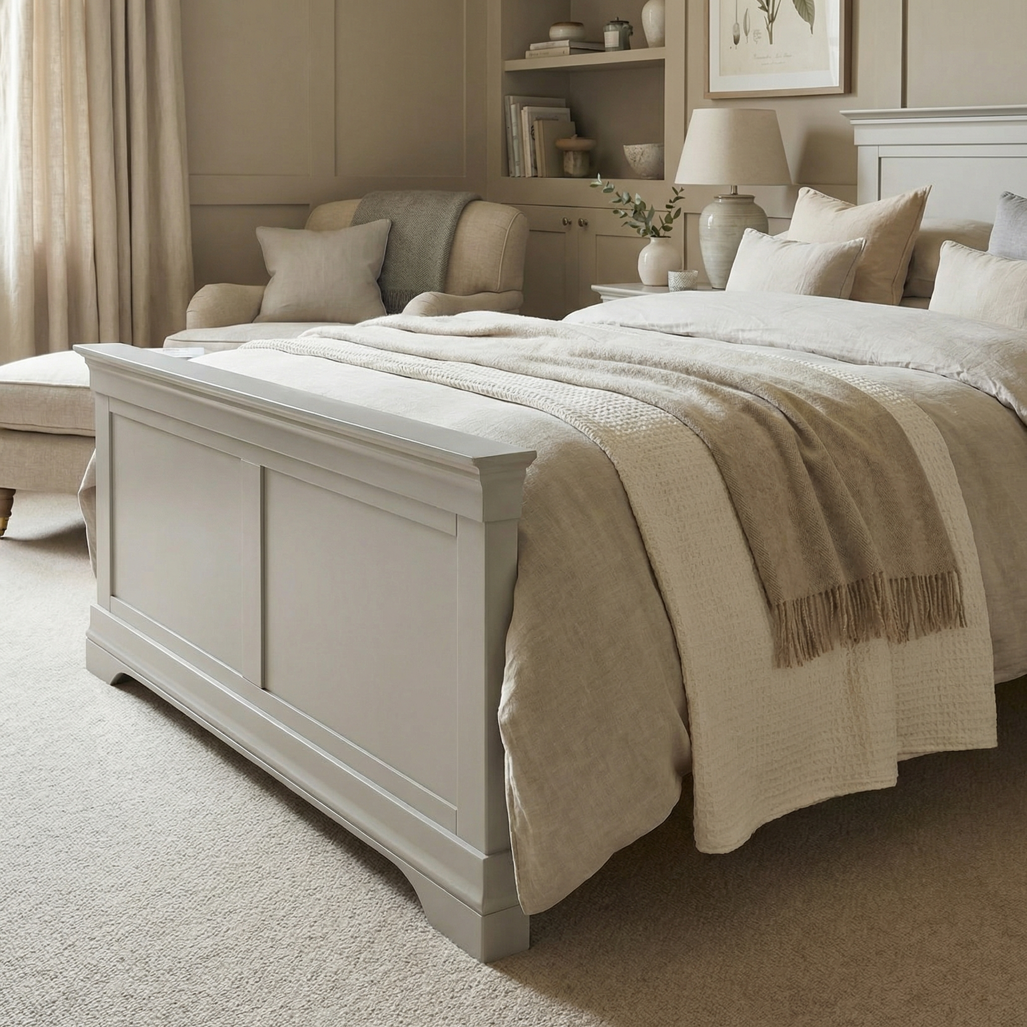 A cozy, neutral-toned bedroom featuring the Chalbury 4ft 6" High End Double Bed Frame in Pebble Grey, paired with soft bedding, an armchair, and stylish decor on shelves.