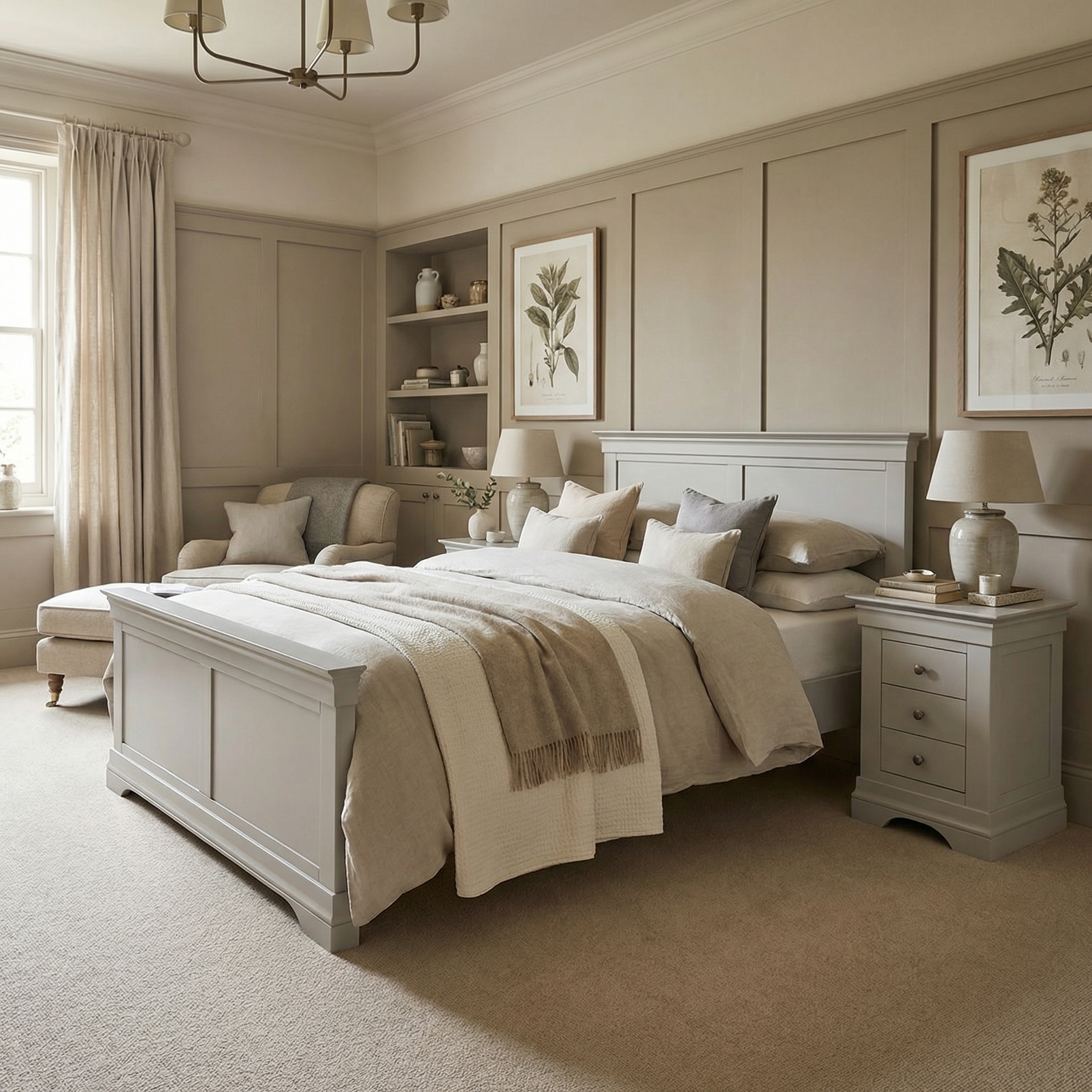 Neutral-toned bedroom featuring the Chalbury 4ft 6" High End Double Bed Frame in Pebble Grey, a cozy armchair, bedside tables, lamps, and botanical wall art.