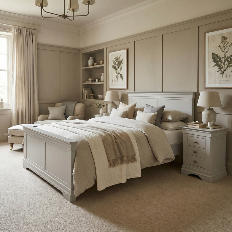Elegant bedroom featuring the Chalbury 4ft 6" High End Double Bed Frame in pebble grey, cozy seating, chic lamps, and botanical artwork on the walls.