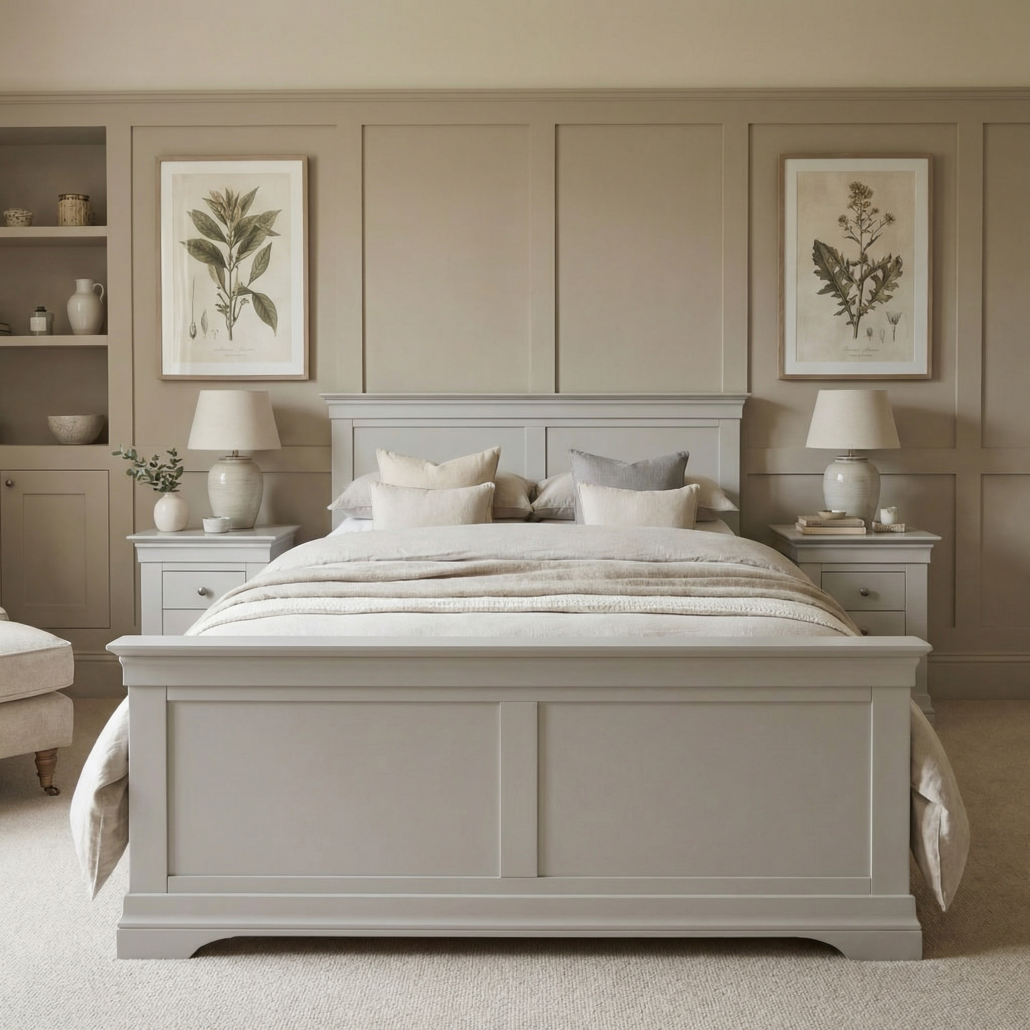 Neutral-toned bedroom with the Chalbury 4ft 6" High End Double Bed Frame in Pebble Grey, two bedside tables, elegant lamps, and botanical artwork on the wall.