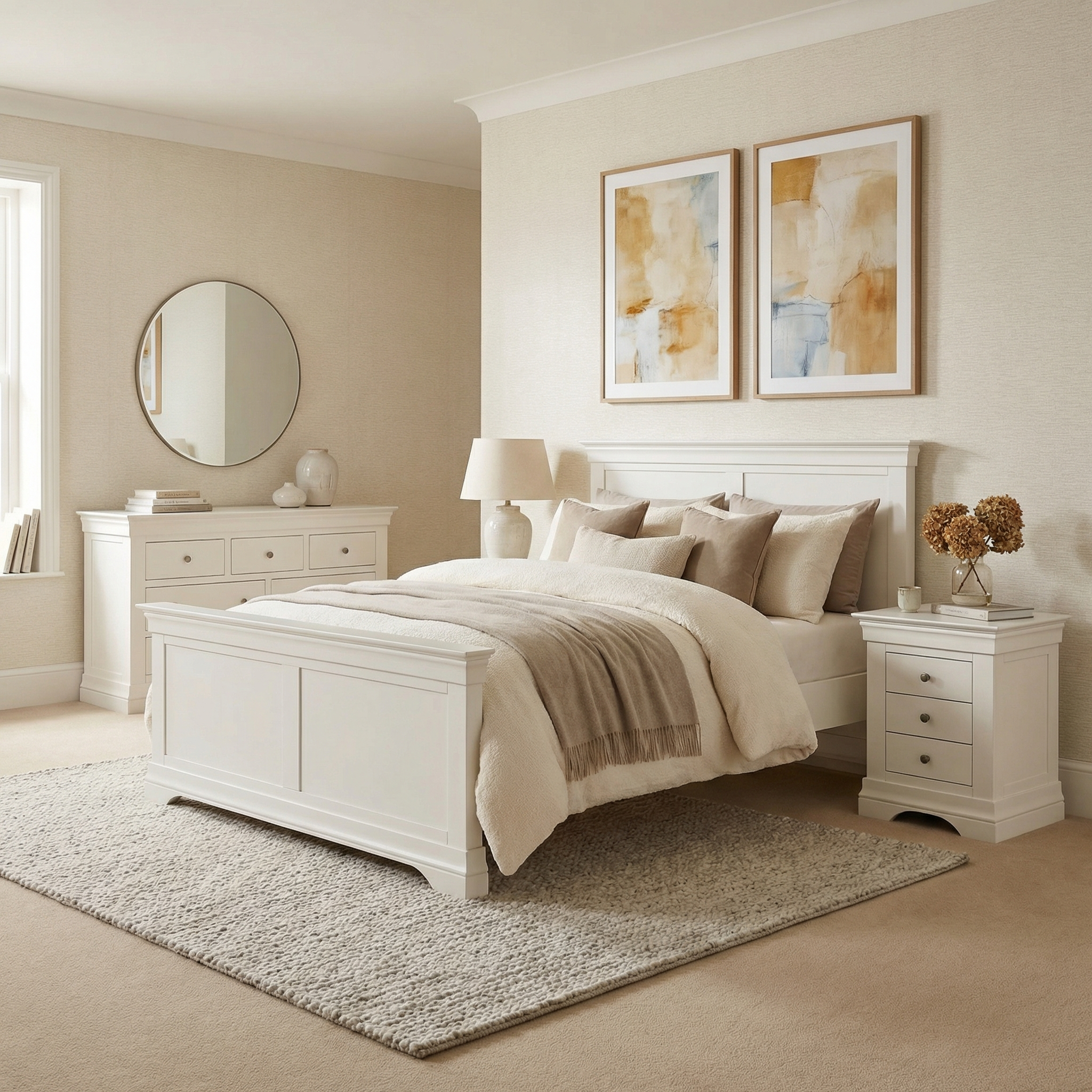 A bright, neutral bedroom featuring the Chalbury 4ft 6" High End Double Bed Frame in Warm White, plus a nightstand, dresser, round mirror, and abstract wall art brings elegance and comfort to your space.