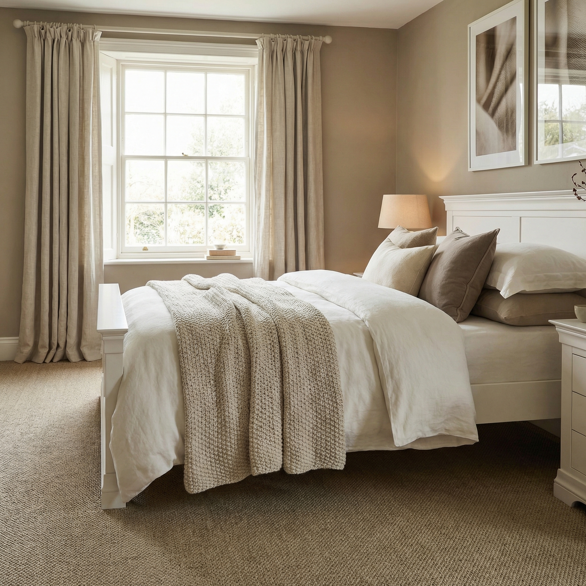 Cozy bedroom with the Chalbury 5ft High-End Kingsize Bed Frame in Warm White, a beige blanket, soft pillows, window curtains, and a bedside lamp.