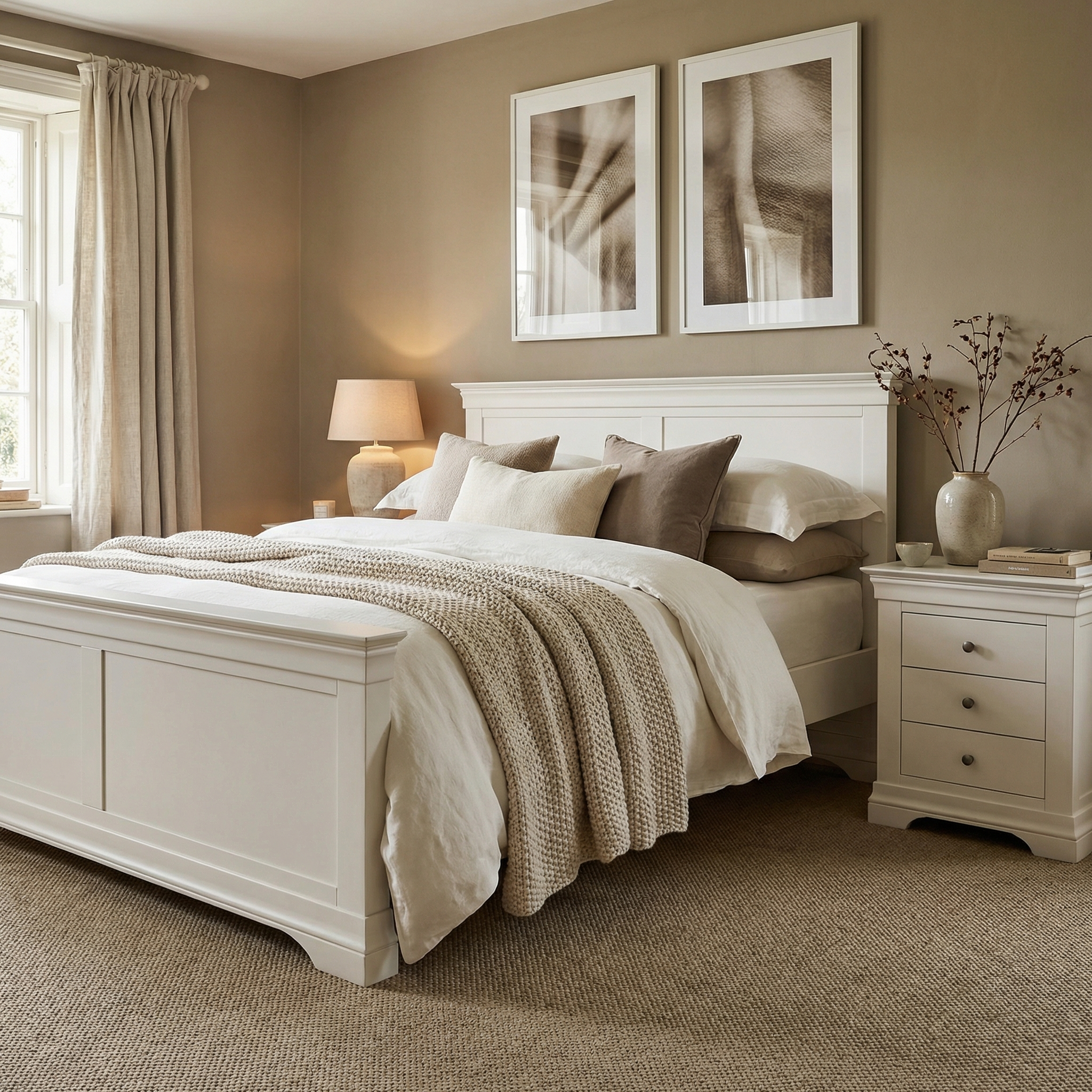Cozy beige bedroom featuring the Chalbury 5ft High-End Kingsize Bed Frame in Warm White, soft bedding, a nightstand, lamp, and neutral wall art above the bed.