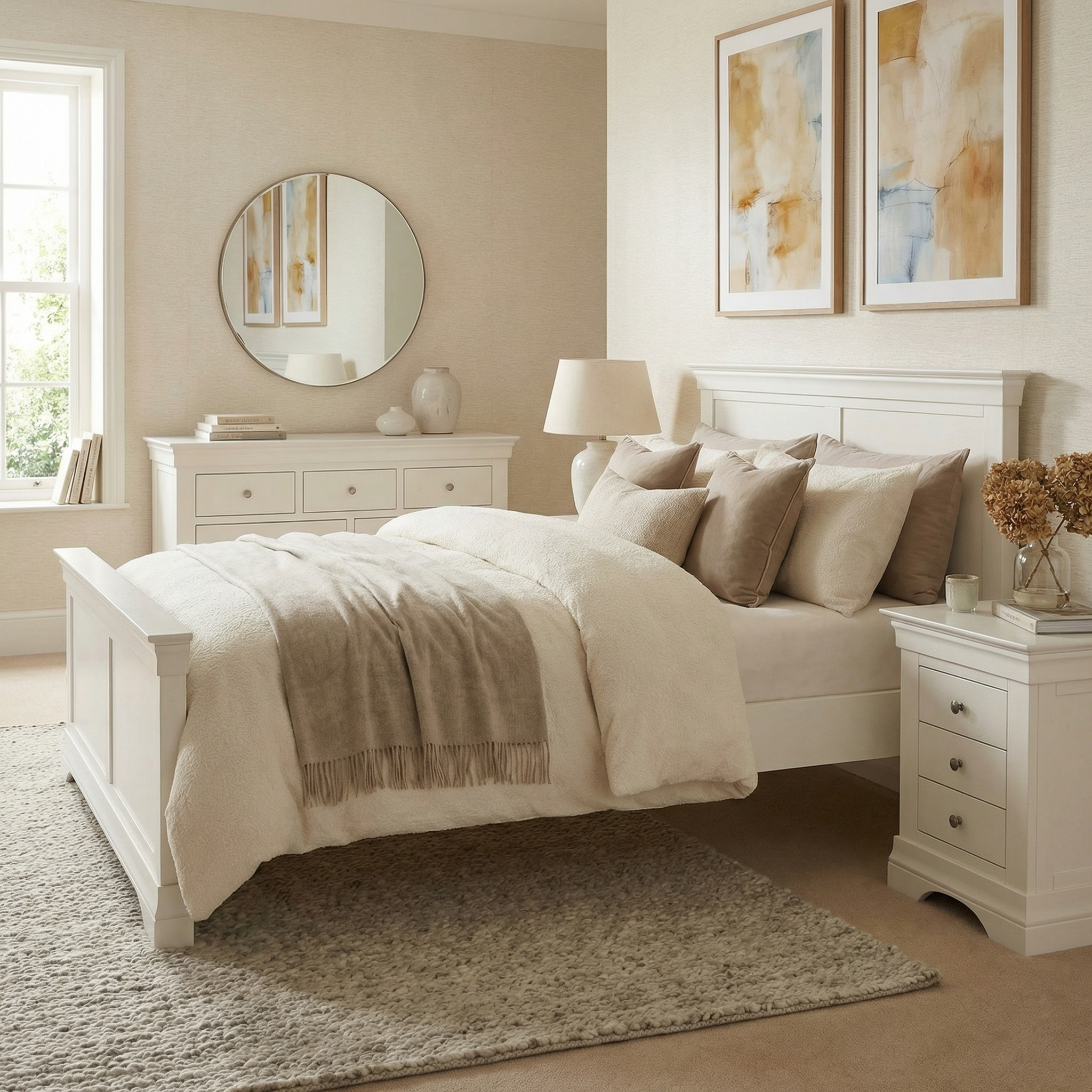 A cozy, neutral-toned bedroom with the Chalbury 4ft 6" High End Double Bed Frame in Warm White, beige bedding, a dresser, nightstand, and abstract wall art.