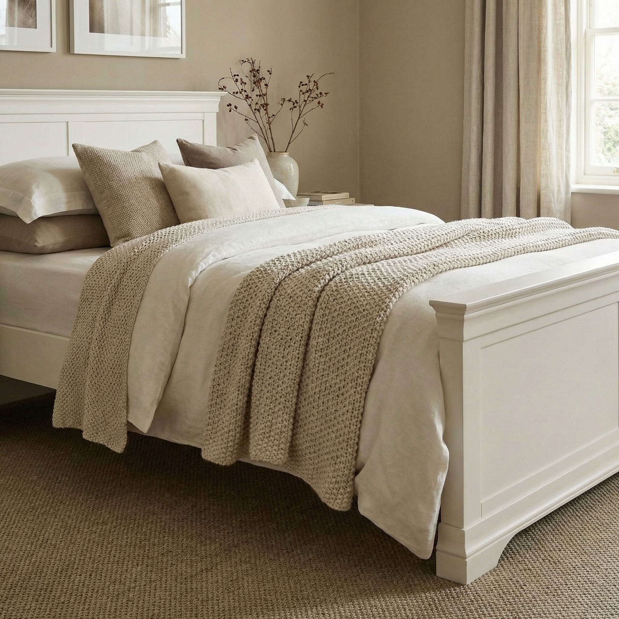The cozy bedroom features the Chalbury 5ft High-End Kingsize Bed Frame in Warm White, topped with beige linens and pillows, blending seamlessly with the neutral decor and soft lighting.