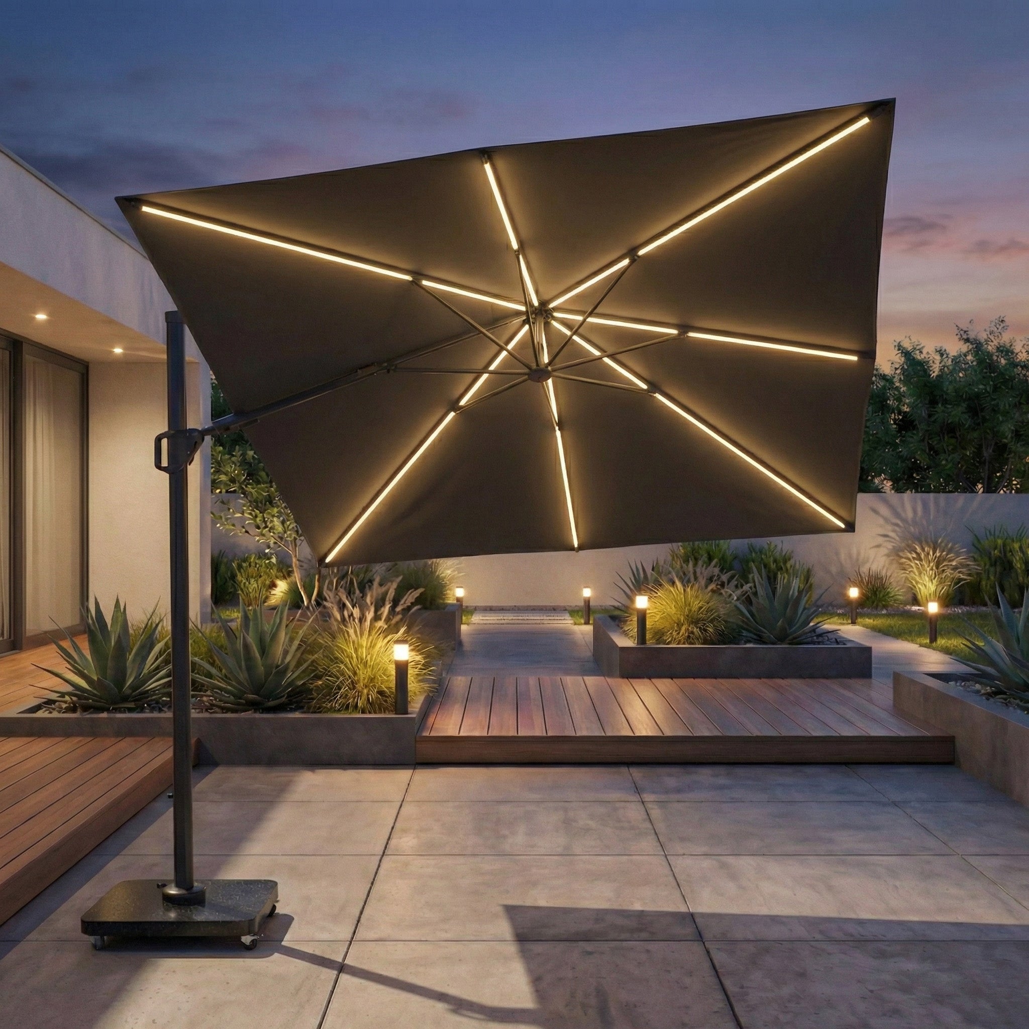 The Pacific Lifestyle Glow Challenger T2 3m Square Cantilever Parasol in Grey features built-in LED lights, adding style and illumination to your outdoor space for evenings on the terrace.