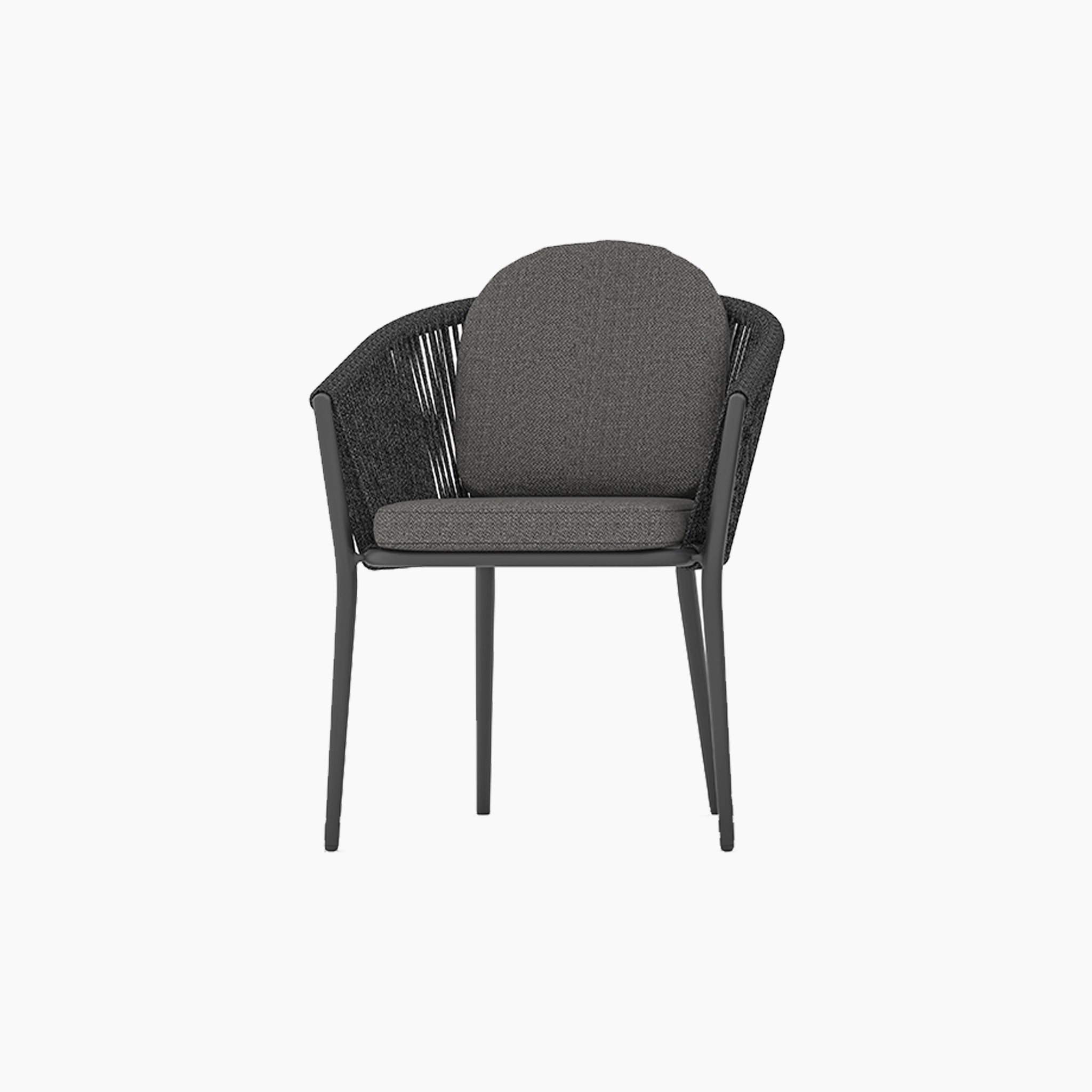 The Ravona 8 Seat Rope Extending Dining Set (207-277cm) in Charcoal features modern black chairs with curved backrests, woven sides, and dark gray cushions—ideal for stylish indoor or outdoor dining.