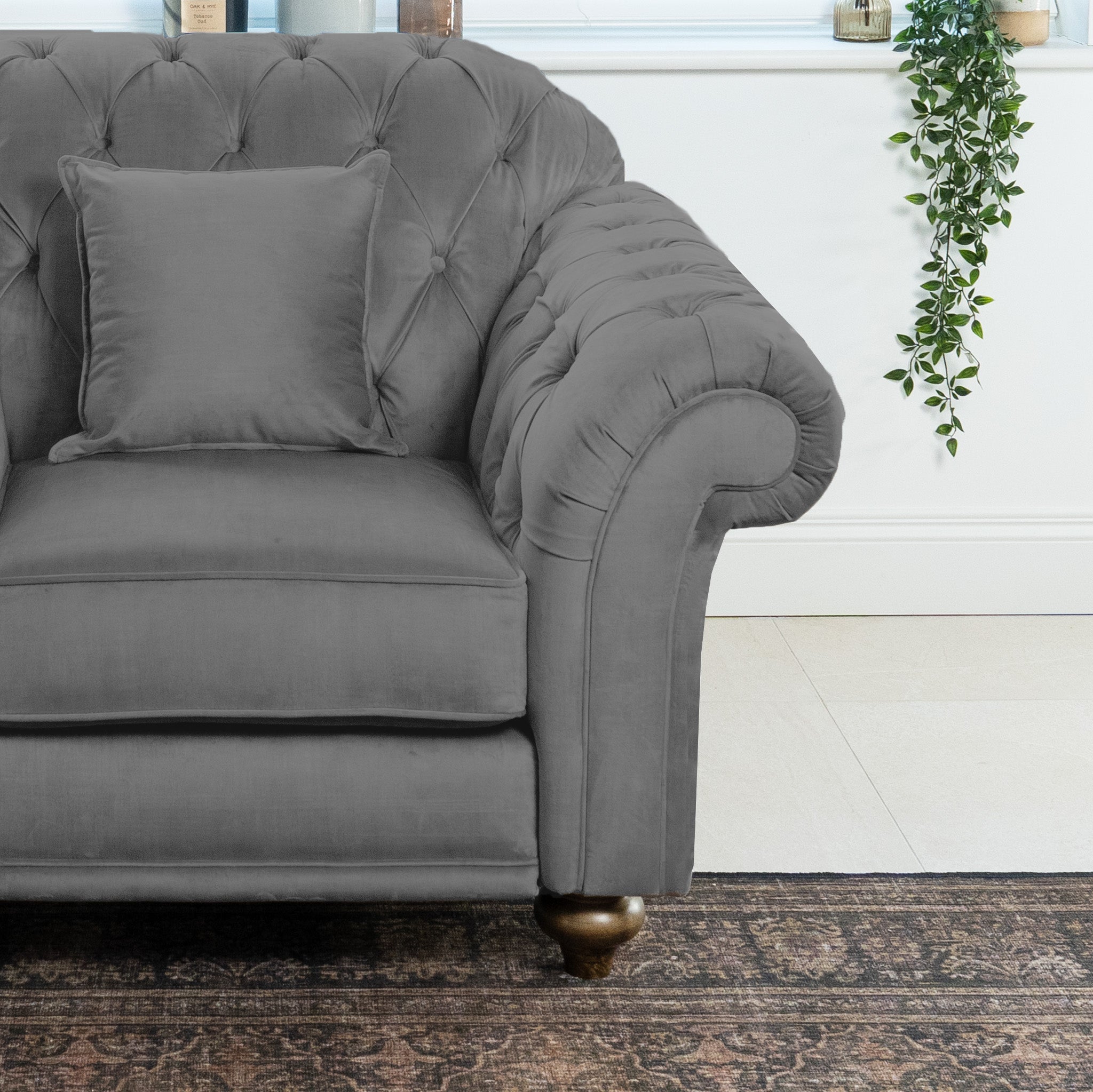 The Chesterfield Velvet Armchair in Steel Grey sits on a dark patterned rug, accompanied by a matching pillow. Nearby, an FSC-certified green plant hangs by a white wall, introducing nature into the space.