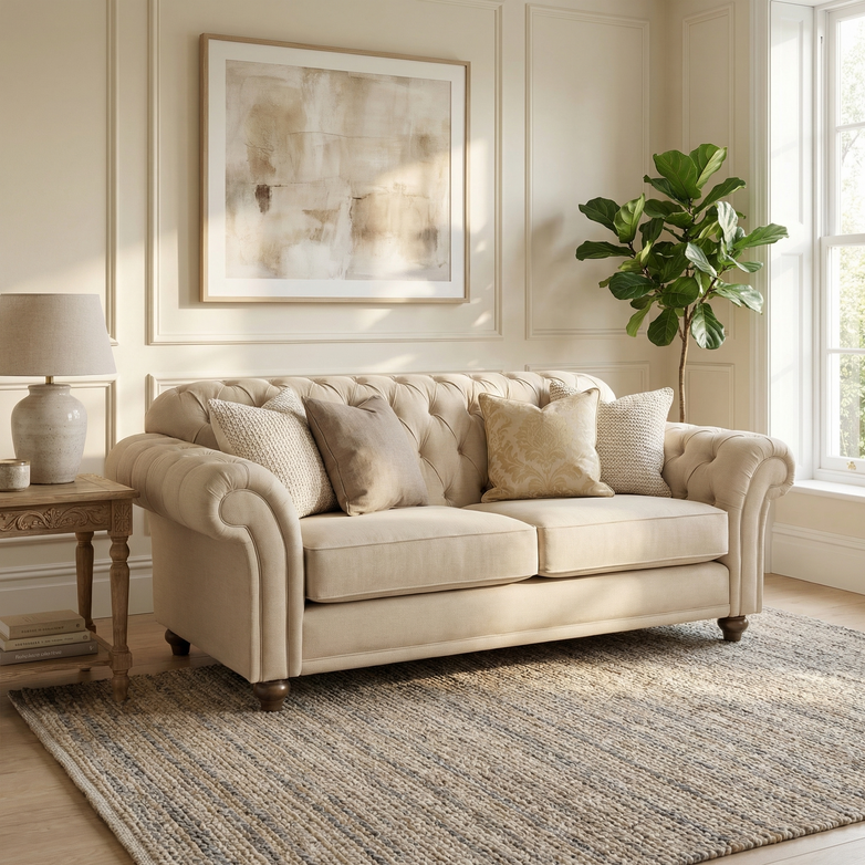 The Chesterfield 2 Seat Sofa in Beige with pillows sits in a bright living room, accented by a rug, side table, lamp, artwork, and potted plant—handcrafted in England for timeless elegance and classic style.