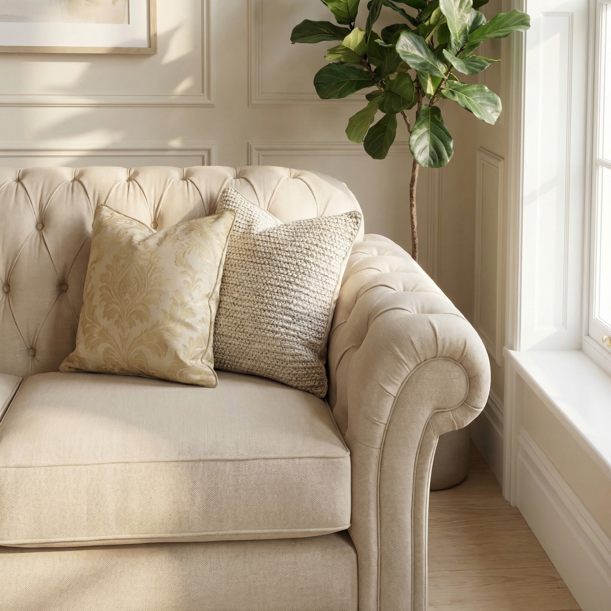 The Chesterfield 2 Seat Sofa in Beige, adorned with two patterned pillows, is placed beside a leafy plant near a sunlit window, highlighting its handcrafted English elegance.