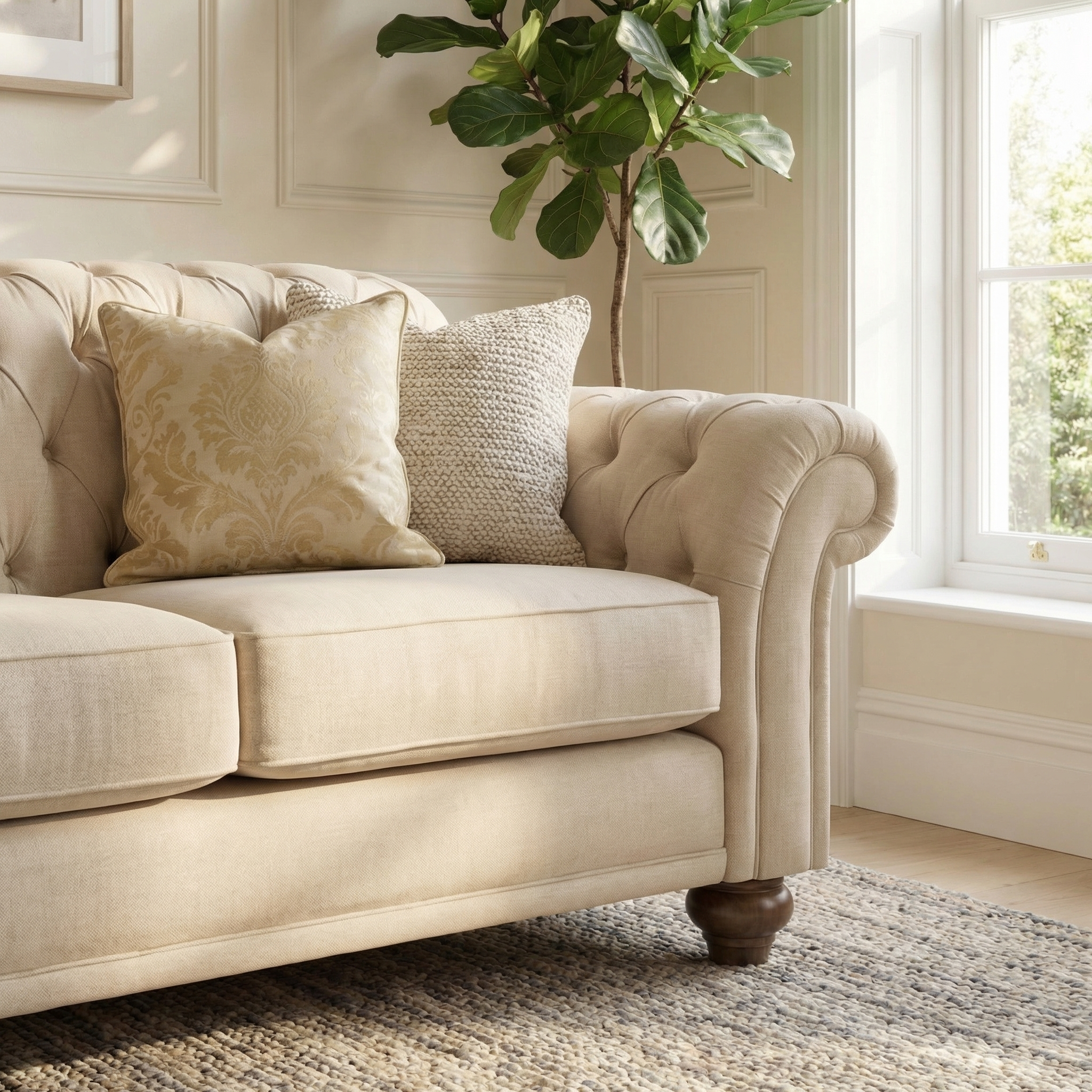 The Chesterfield 2 Seat Sofa in Beige features classic handcrafted England-style tufting, textured pillows, and sits beside a green plant and window on a woven rug.