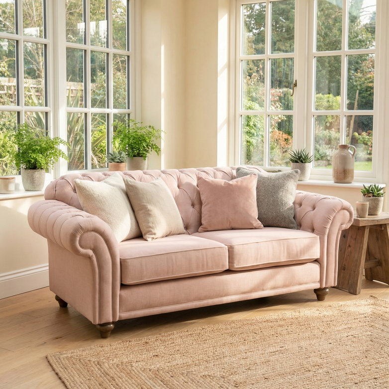 The Chesterfield 2 Seat Sofa in Dusky Pink sits in a sunlit room with cushions, surrounded by potted plants and large windows.