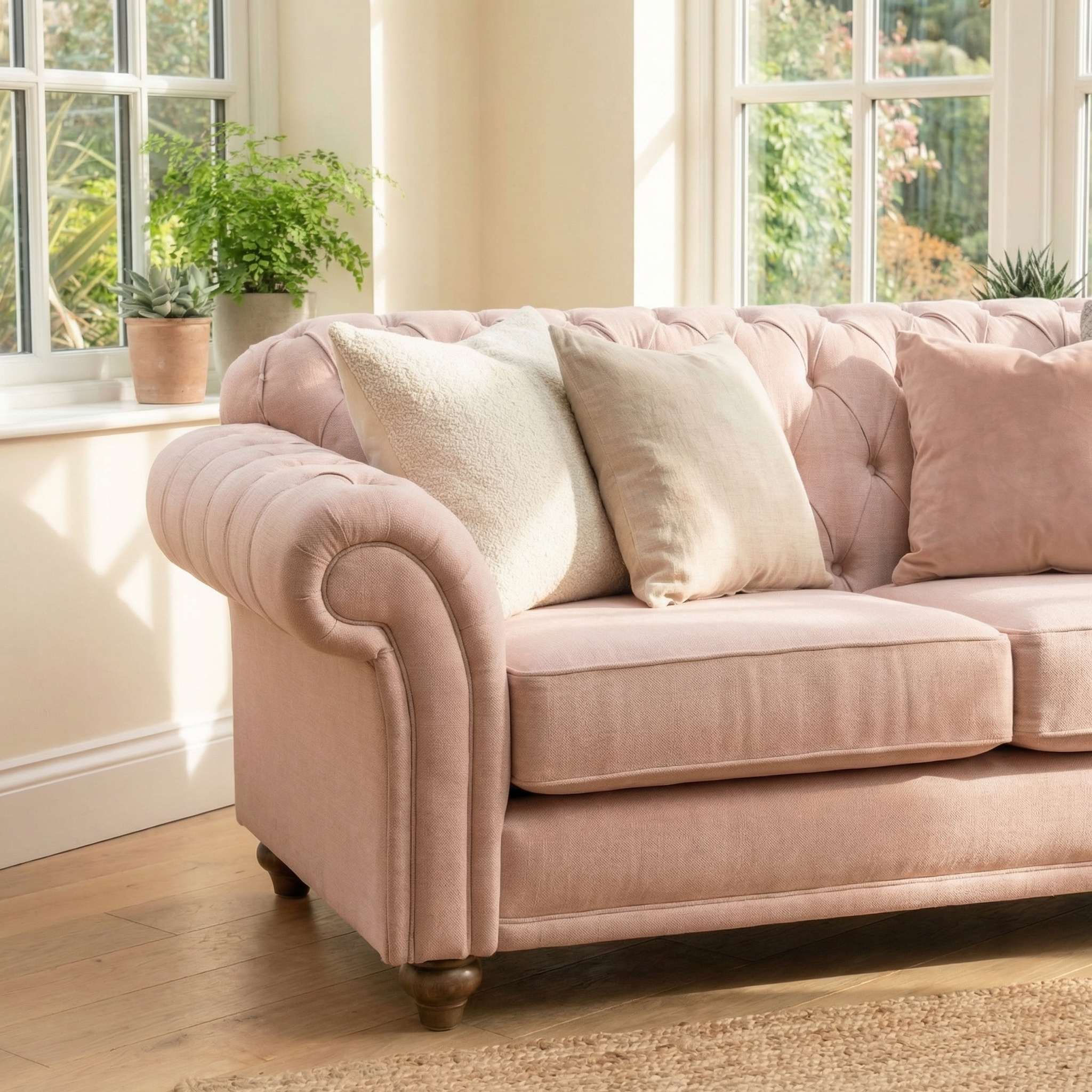 Chesterfield 2 Seat Sofa in Dusky Pink is styled with beige and white cushions in a bright room with large windows and potted plants on the windowsill.