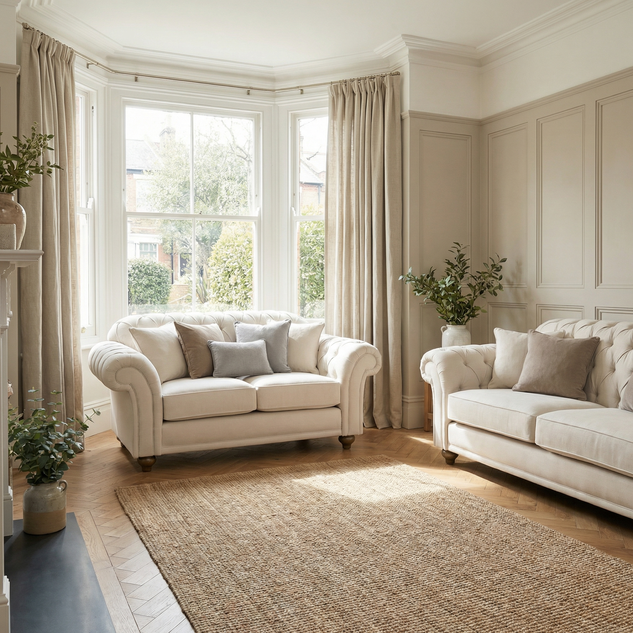 Bright living room with a Chesterfield 2 Seat Sofa in Ivory, beige sofas, neutral curtains, a bay window, and a woven rug on a wooden floor.