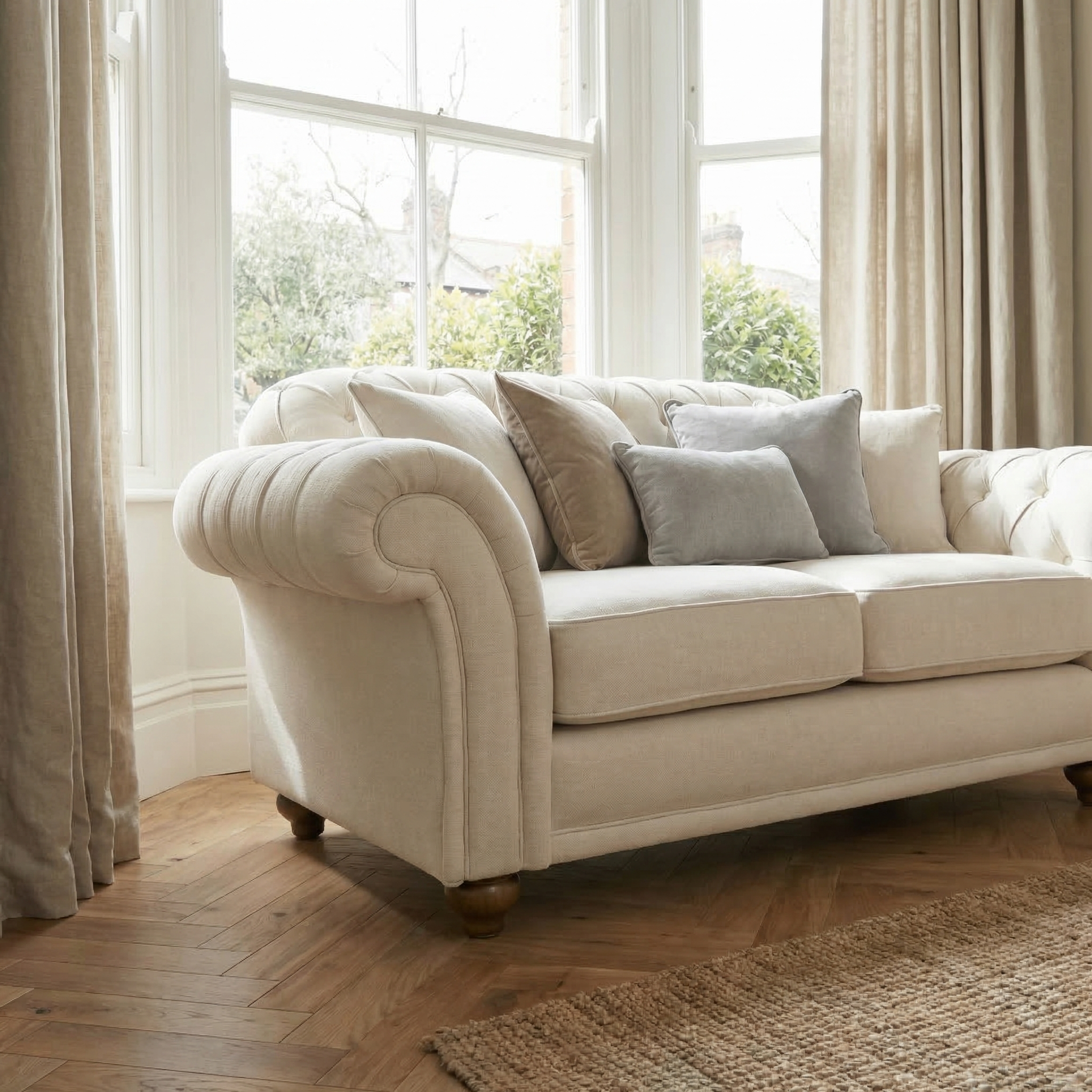 The Chesterfield 2 Seat Sofa in Ivory, featuring multiple cushions, sits in a bright room with large windows and beige curtains.