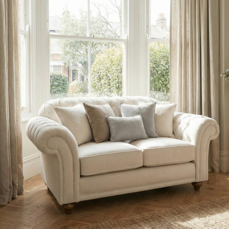 The Chesterfield 2 Seat Sofa in Ivory, handcrafted and British-made, features assorted throw pillows and is set before large windows with beige curtains, brightening the room.