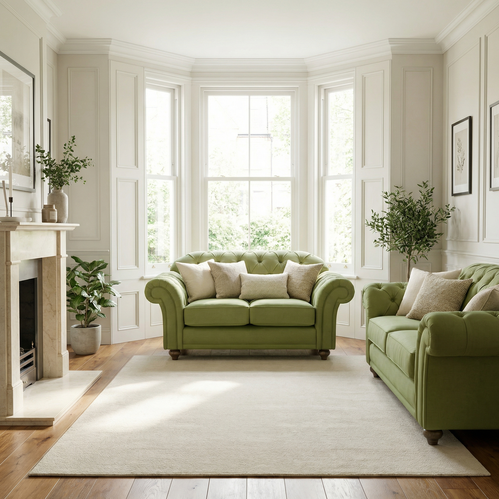 Bright living room with classic British craftsmanship—featuring the Chesterfield 2 Seat Sofa in Olive, large windows, plants, and a light rug on wooden floors.