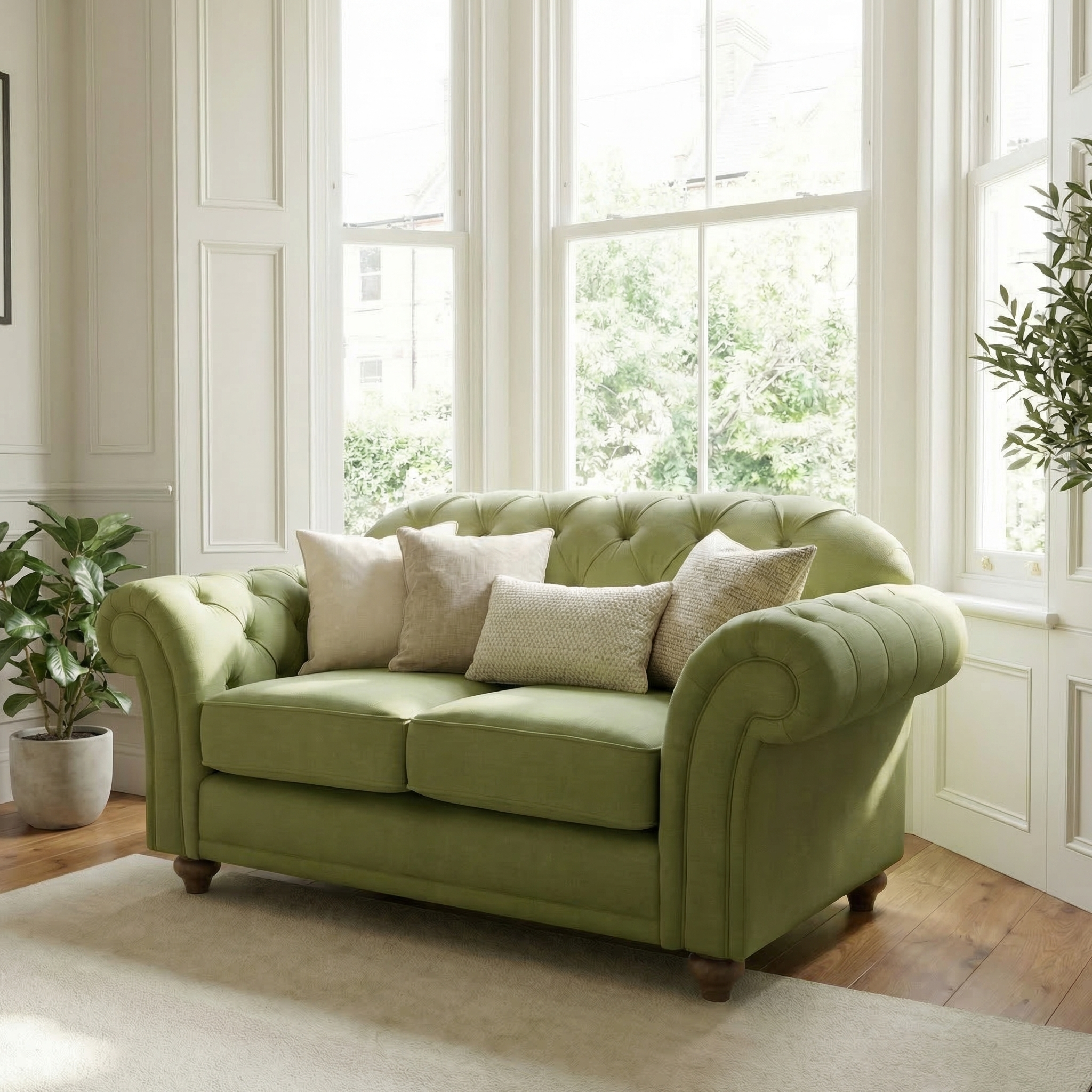 The Chesterfield 2 Seat Sofa in Olive, adorned with assorted cushions, showcases classic British craftsmanship in a sunlit living room filled with large windows and vibrant greenery.