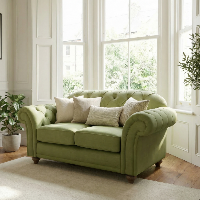 The Chesterfield 2 Seat Sofa in Olive, adorned with assorted cushions, showcases classic British craftsmanship in a sunlit living room filled with large windows and vibrant greenery.
