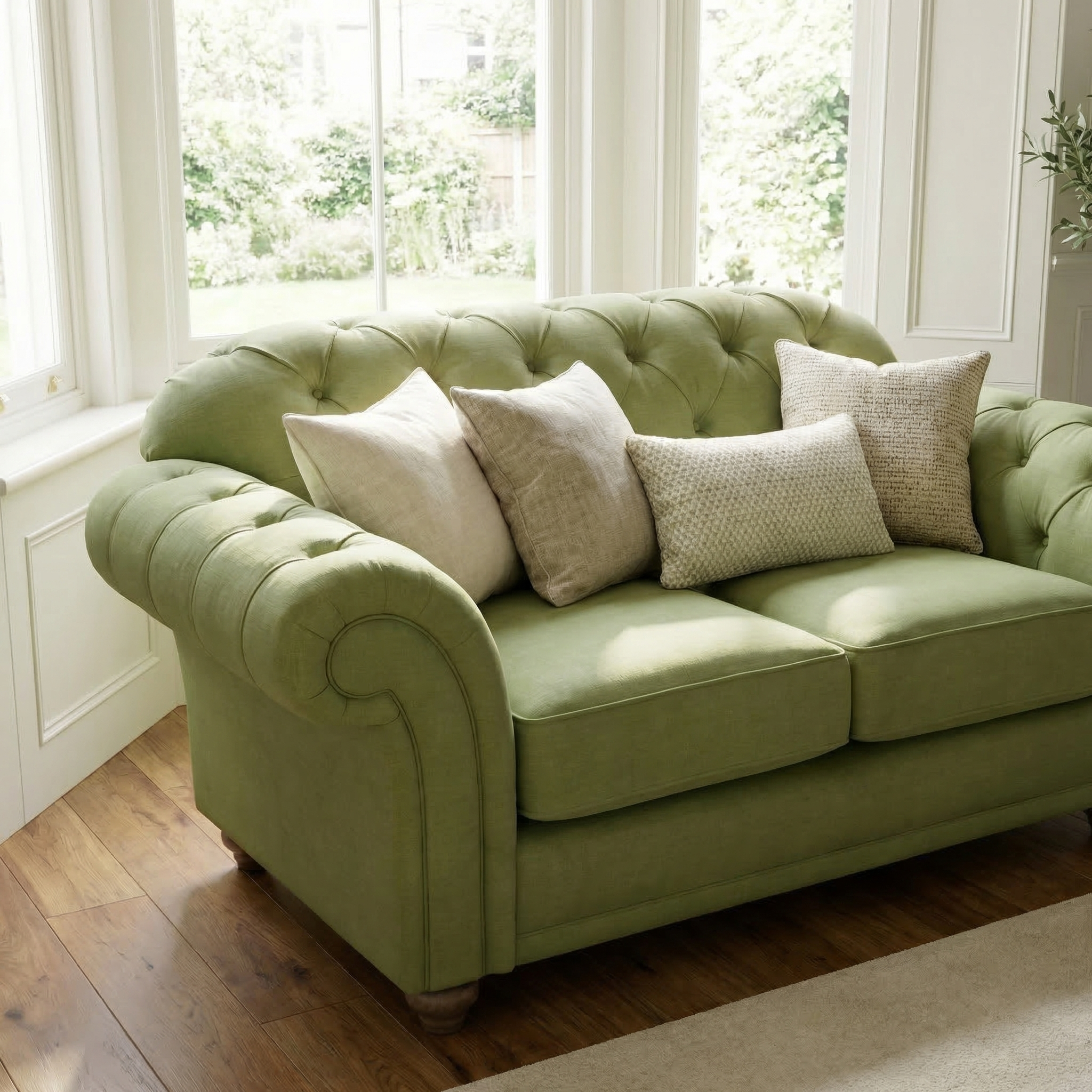 Chesterfield 2 Seat Sofa in Olive with beige and cream cushions sits in a bright living room, highlighting classic British craftsmanship amid large windows and a wooden floor.