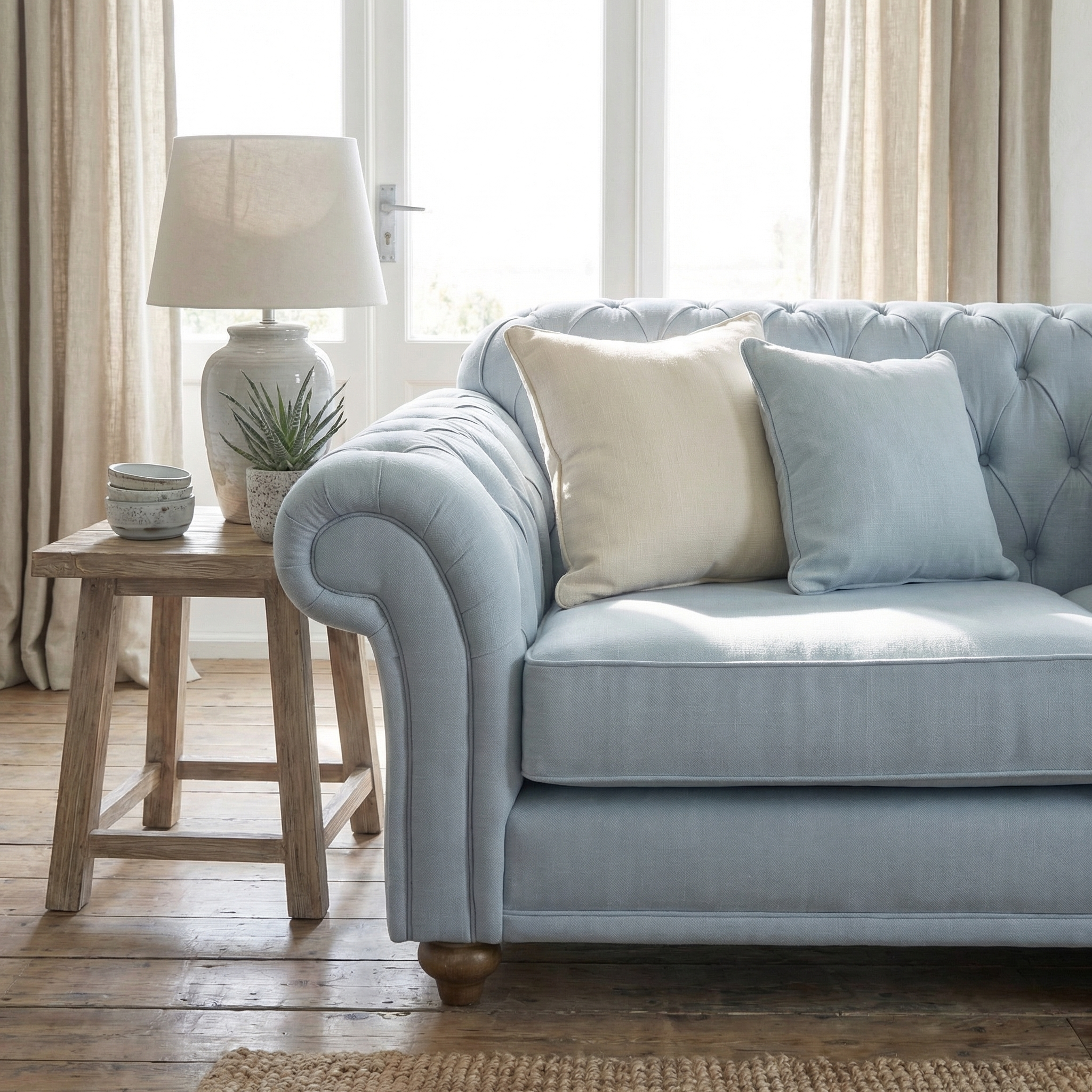 The Chesterfield 2 Seat Sofa in Sky Blue, complemented by cream and blue cushions, sits next to a wooden side table displaying a lamp and ceramics.