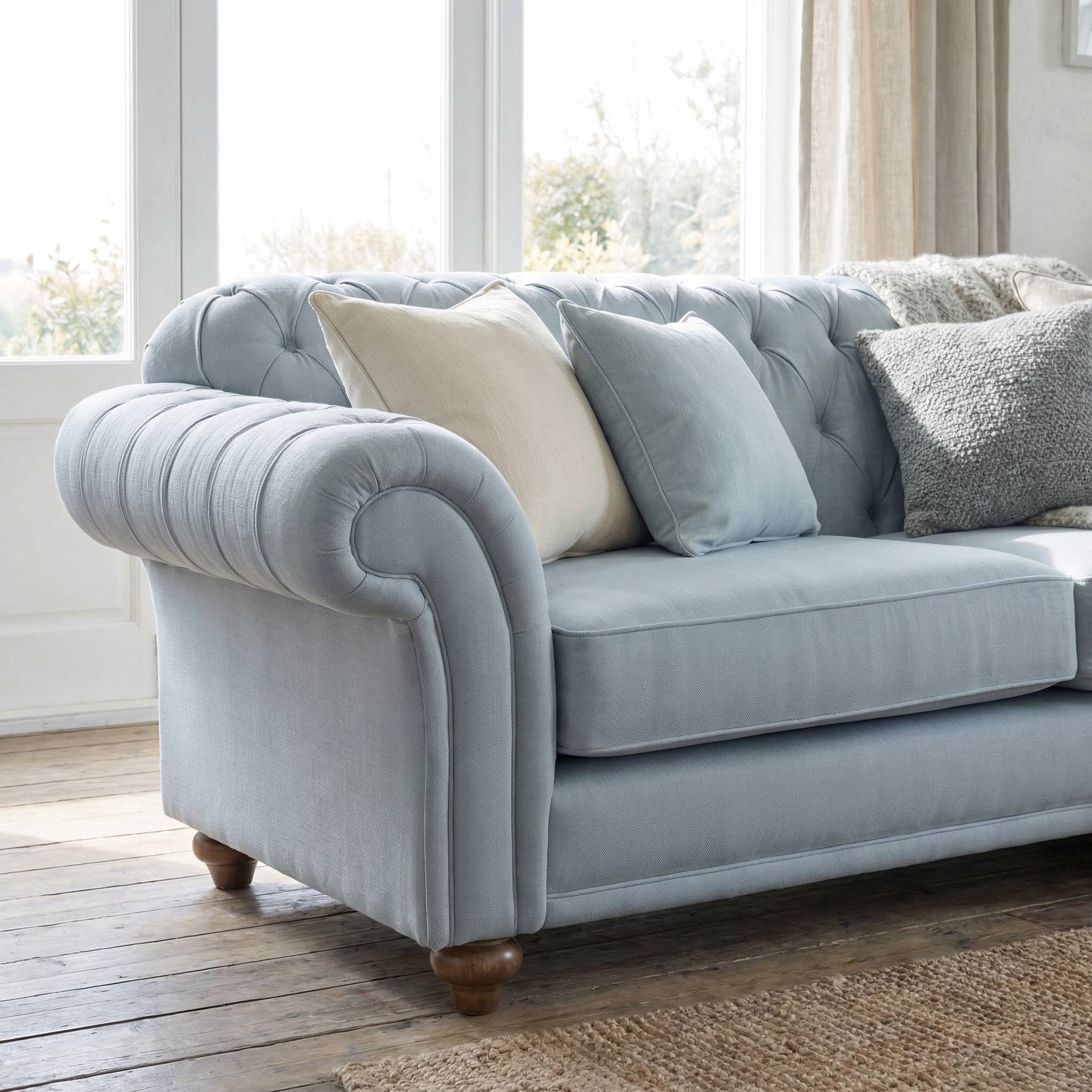 The Chesterfield 2 Seat Sofa in Sky Blue, featuring plush cushions and handcrafted in England, sits in a bright room with wooden floors and large windows.
