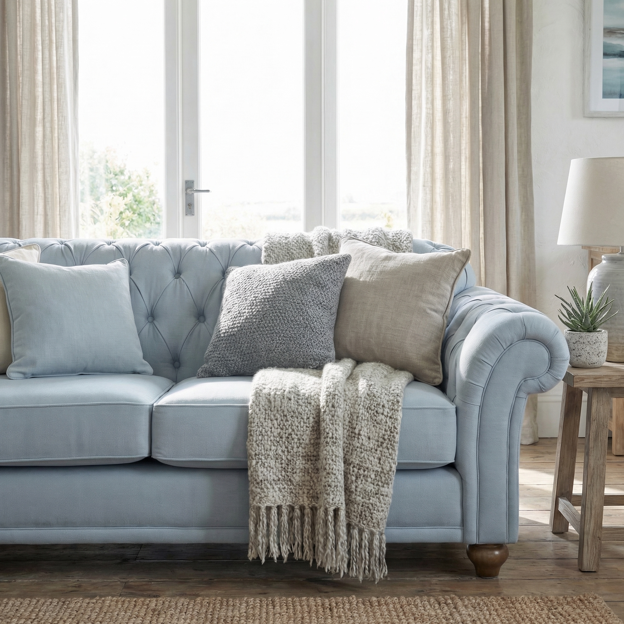 The Chesterfield 2 Seat Sofa in Sky Blue, handcrafted in England, is styled with assorted pillows and a knit throw, positioned next to a wooden side table topped with a lamp and plant.
