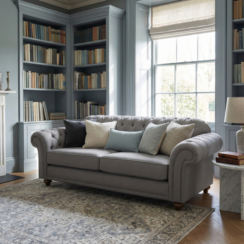 The Chesterfield 2 Seat Sofa in Smoke Grey sits in a cozy library with assorted cushions, bookshelves, a large window, and a patterned rug—elegantly handcrafted in England.