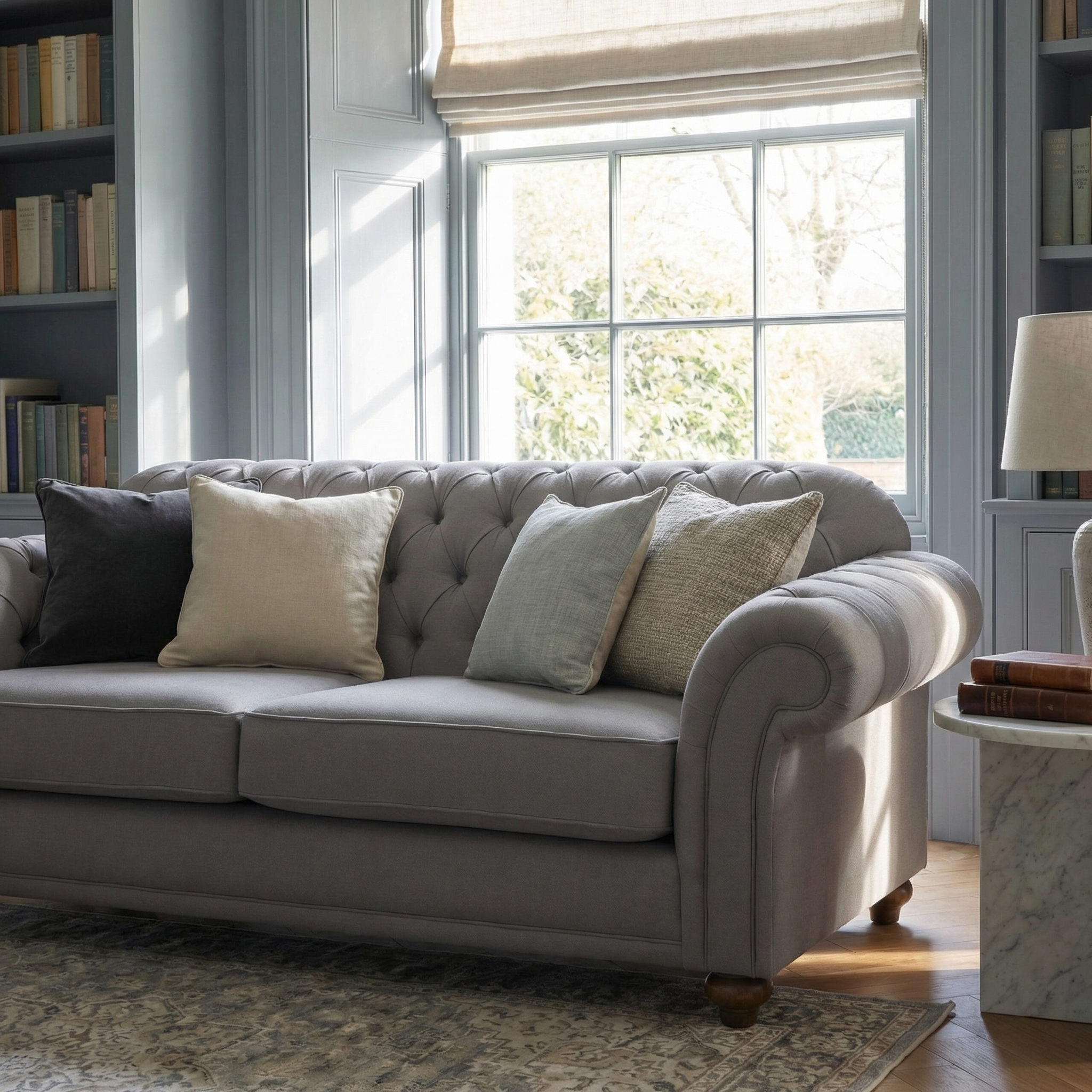 Chesterfield 2 Seat Sofa in Smoke Grey with assorted pillows sits by a window and built-in bookshelves in a sunlit living room. Handcrafted in England for timeless elegance.