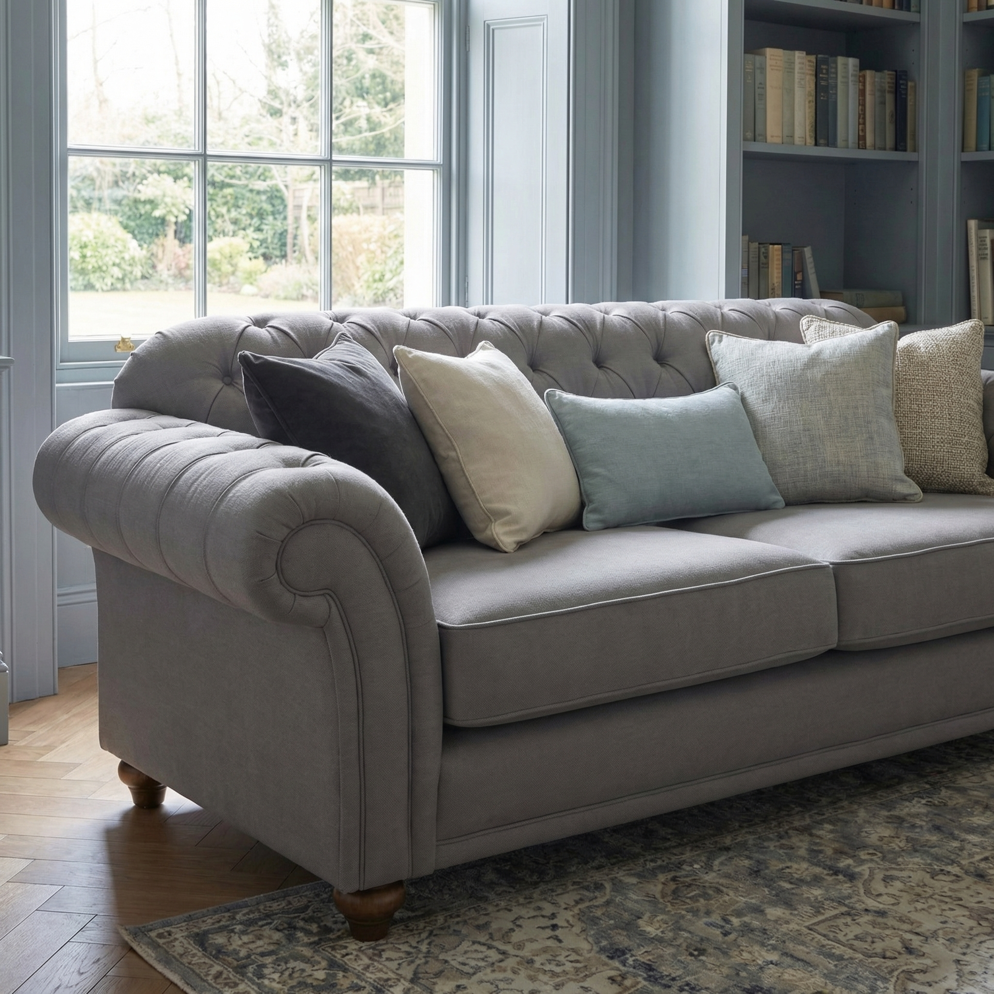 The Chesterfield 2 Seat Sofa in Smoke Grey, adorned with assorted pillows, adds timeless style and comfort to a cozy living room with bookshelves and a large window. Handcrafted in England, it brings elegant charm to any space.