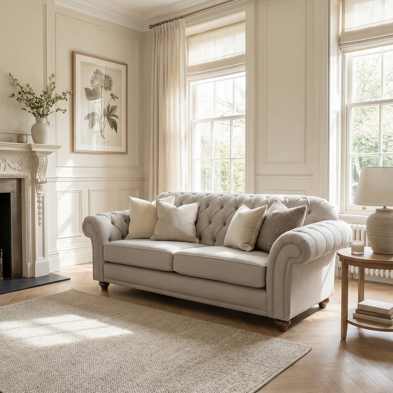 Elegant living room featuring the CB TEST PRODUCT tufted beige sofa, complemented by neutral decor, large windows, and soft natural light.