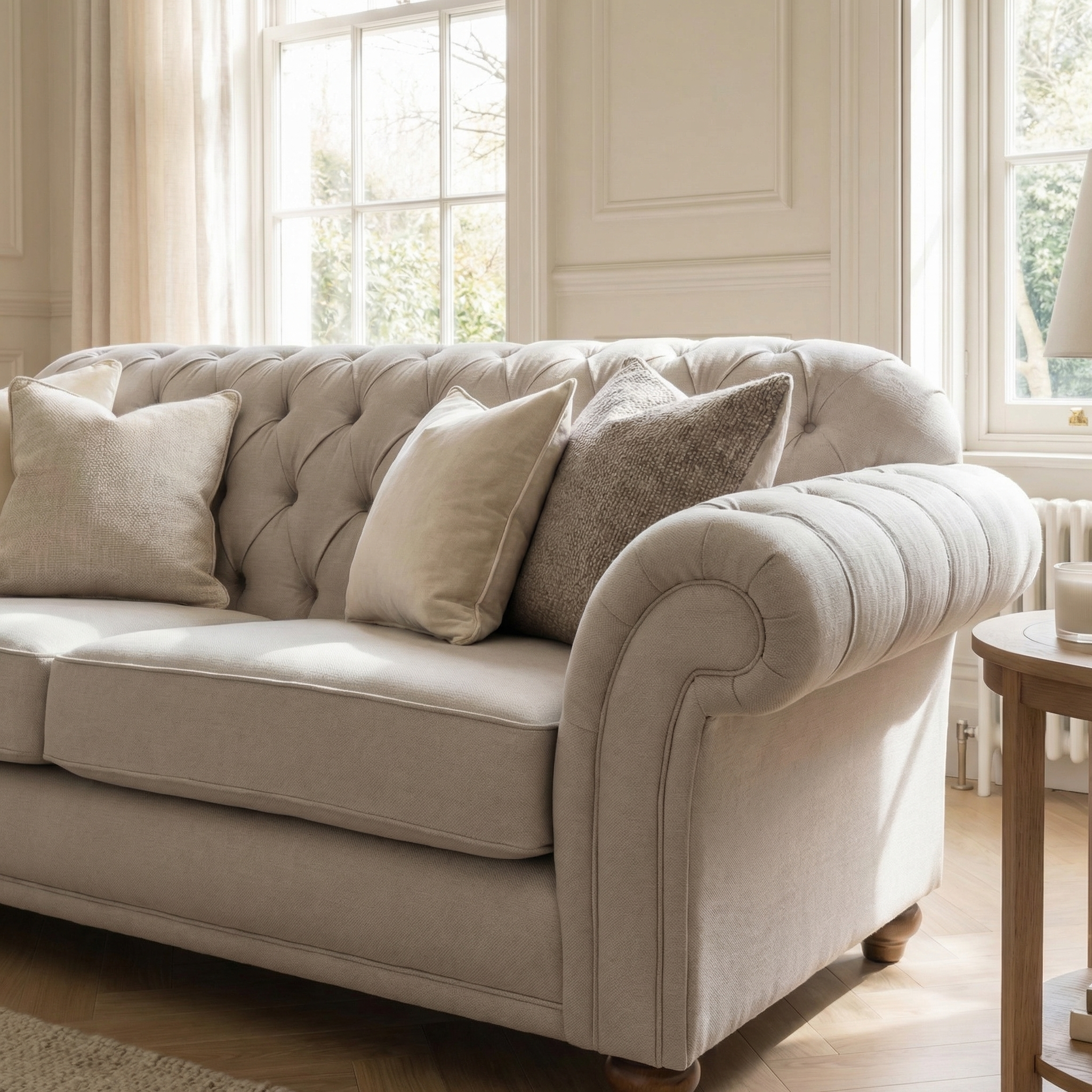 The Chesterfield 2 Seat Sofa in Warm Grey, tufted and handcrafted in Britain, sits by sunlit windows with throw pillows in a cozy, elegant living room.