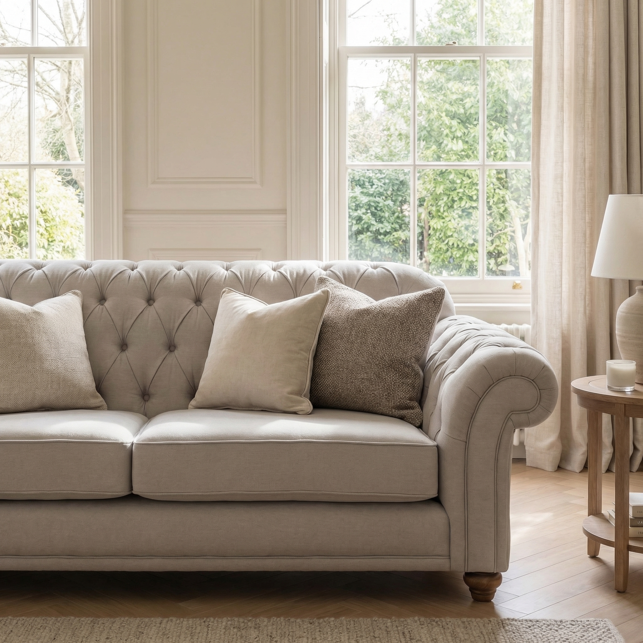 The Chesterfield 2 Seat Sofa in Warm Grey, featuring plush cushions, is positioned before large windows and cream curtains in a bright living room.
