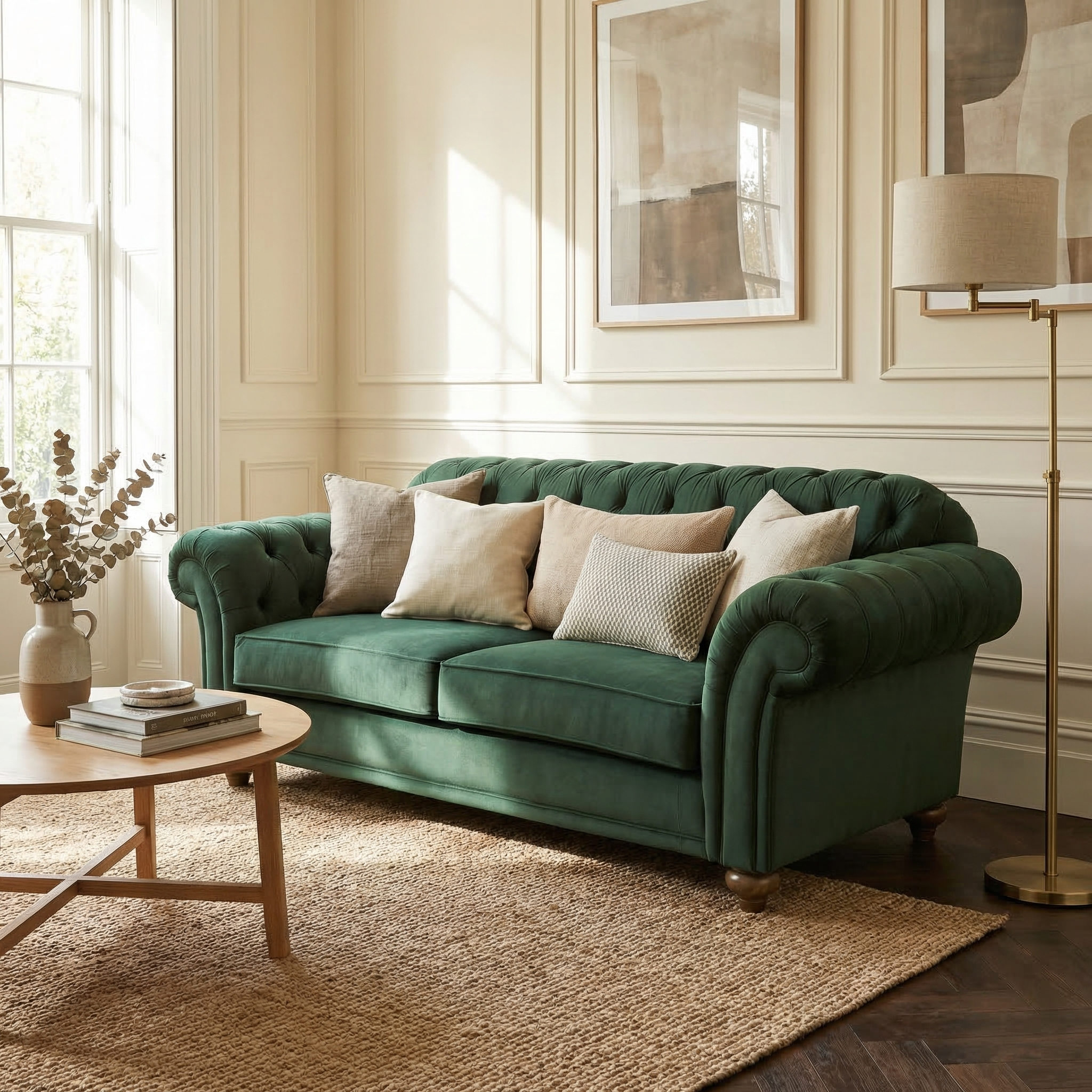 The Chesterfield 2 Seat Velvet Sofa in Bottle Green with beige pillows sits in a bright living room, paired with chic decor, a coffee table, and a floor lamp.