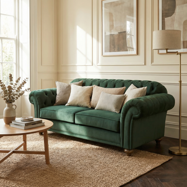 The Chesterfield 2 Seat Velvet Sofa in Bottle Green with beige pillows sits in a bright living room, paired with chic decor, a coffee table, and a floor lamp.