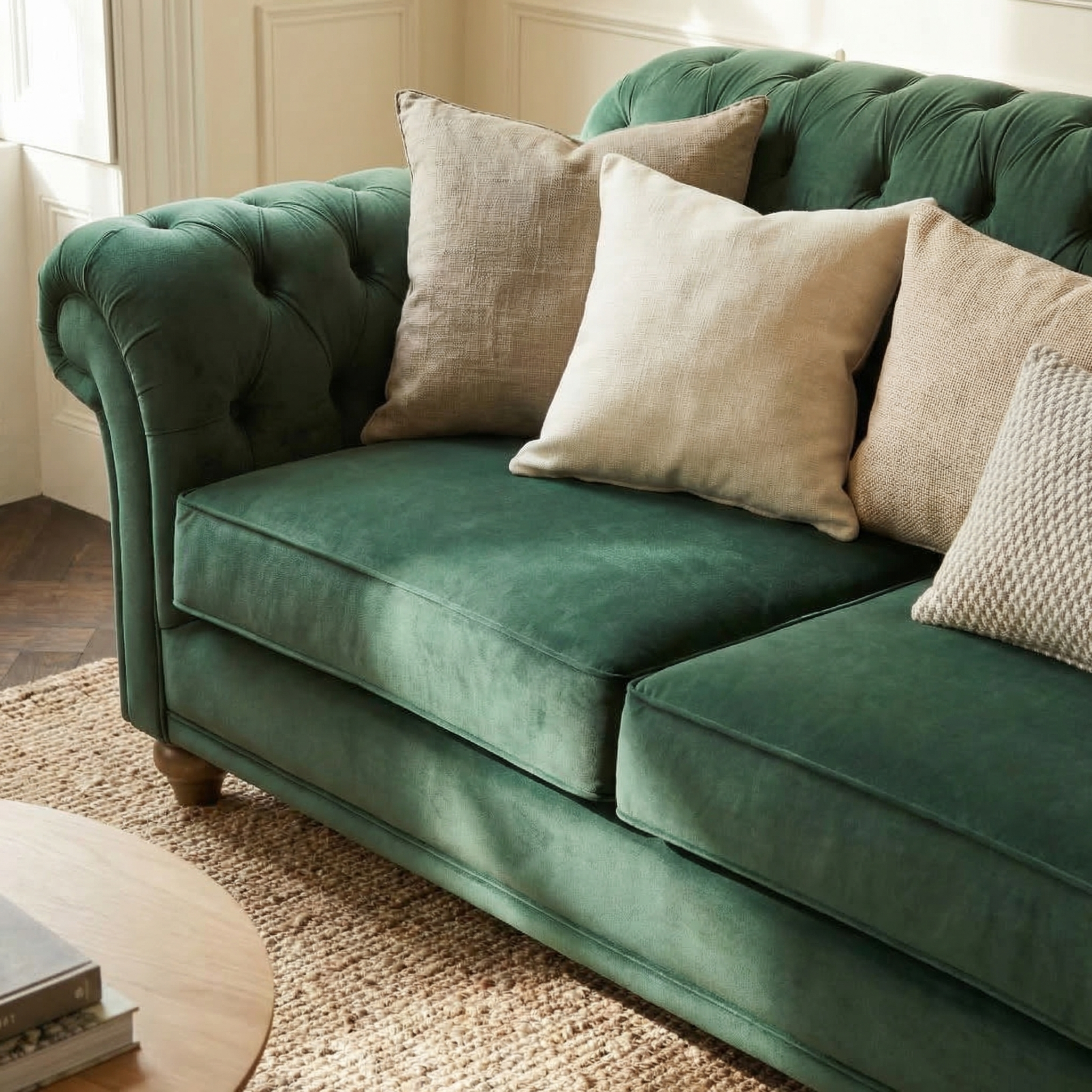 The Chesterfield 2 Seat Velvet Sofa in Bottle Green is styled with beige and cream throw pillows, set on a woven rug in a bright, sunlit living room.