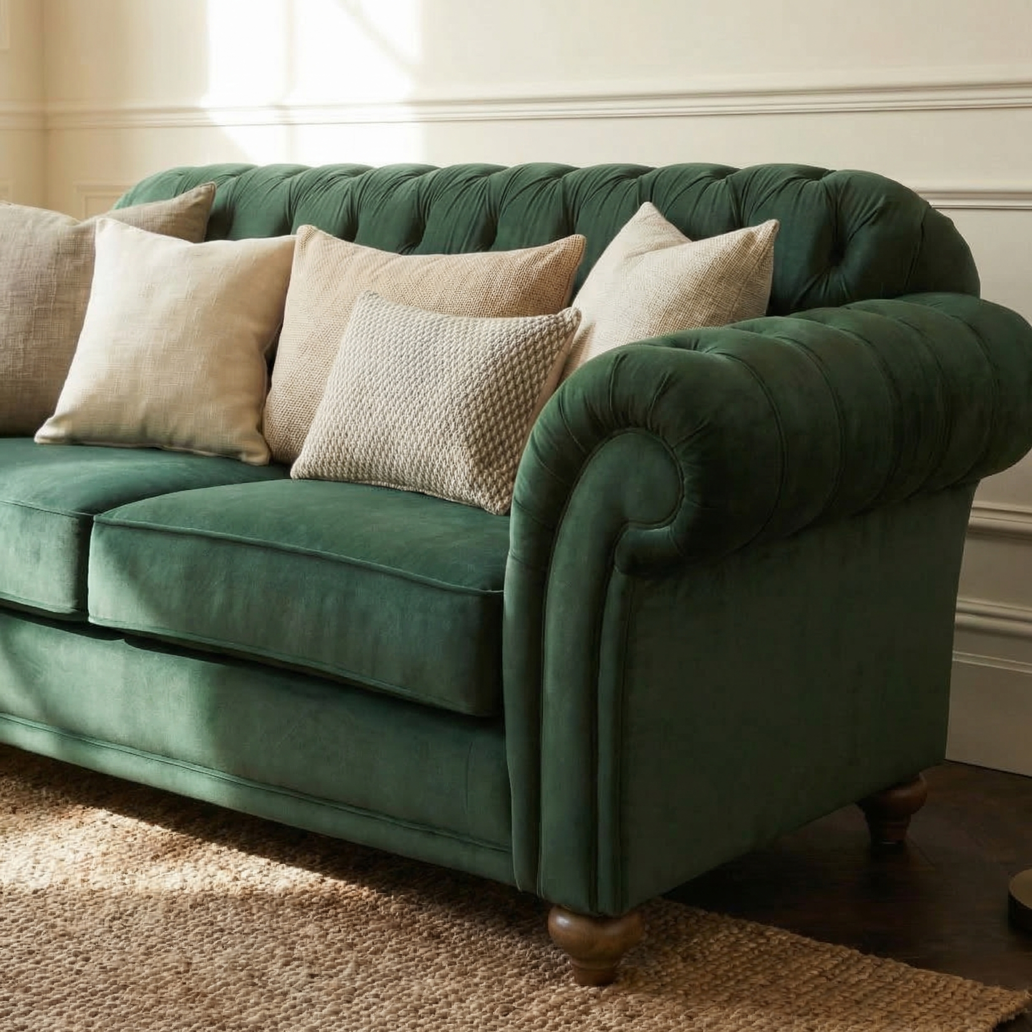 The Chesterfield 2 Seat Velvet Sofa in Bottle Green, paired with beige throw pillows, sits on a textured rug in a bright, elegant room.