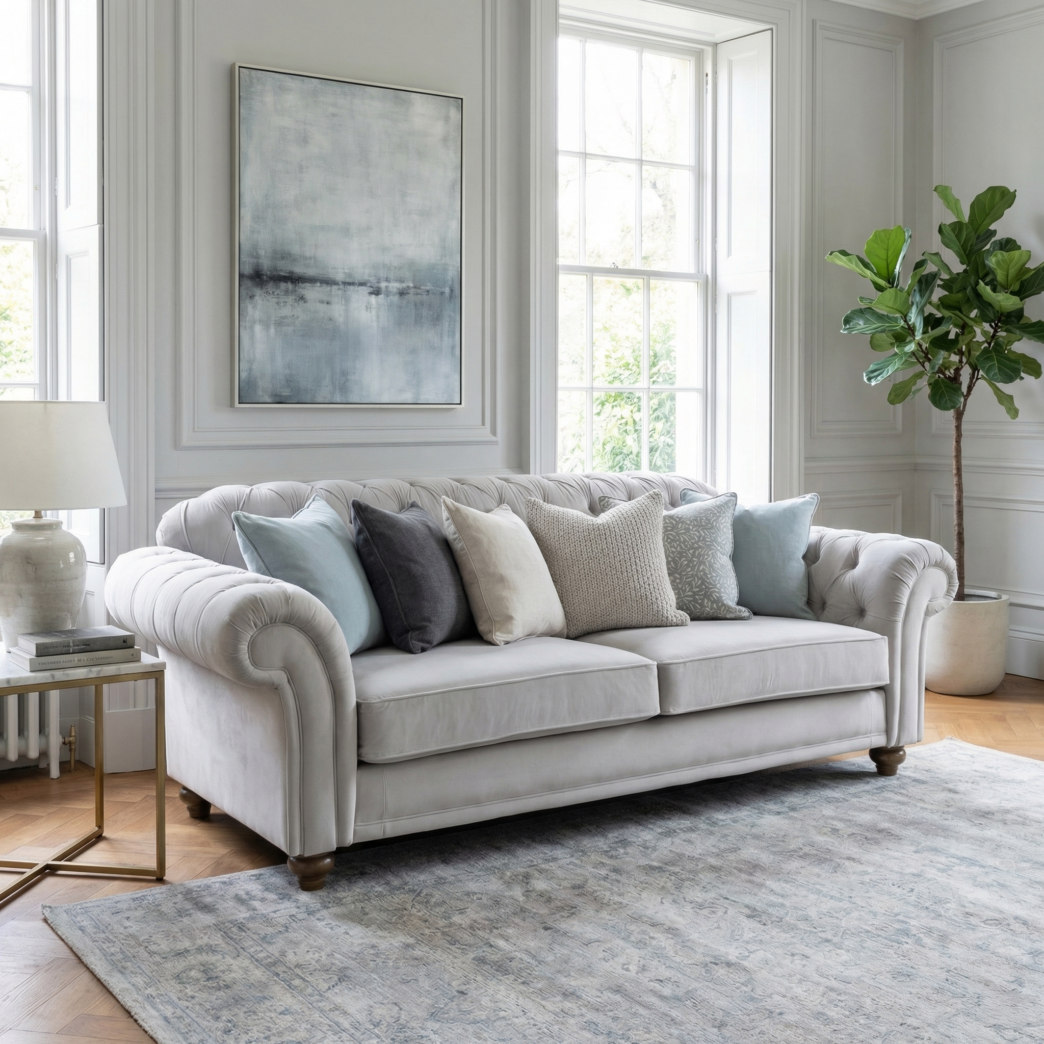 The Chesterfield 2 Seat Velvet Sofa in Feather Grey is accented with assorted pillows, set in a bright, elegant living room with large windows and a potted plant.
