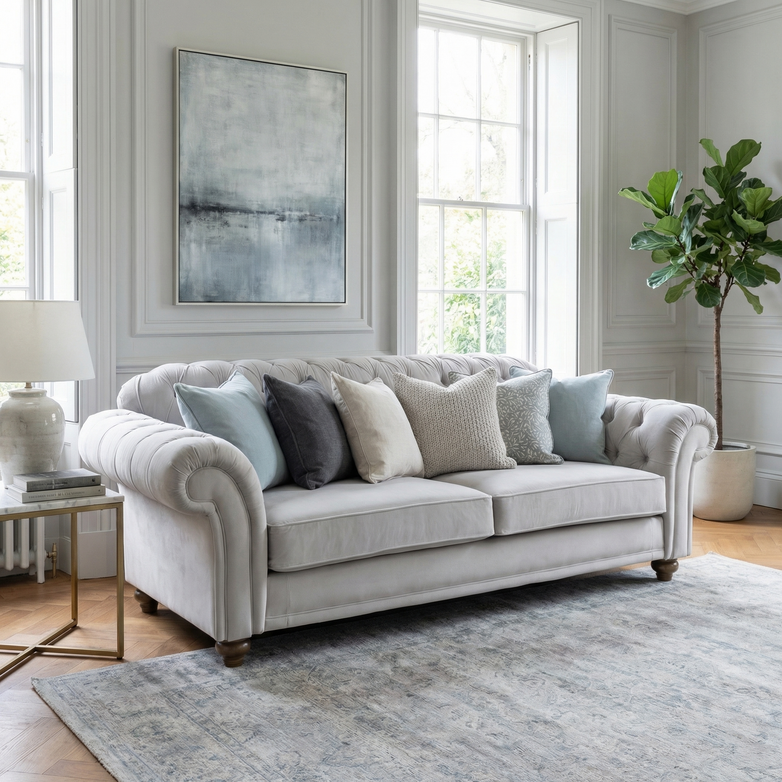 The Chesterfield 2 Seat Velvet Sofa in Feather Grey, with tufted design and assorted cushions, is showcased in a bright, elegant living room with large windows and a plant.