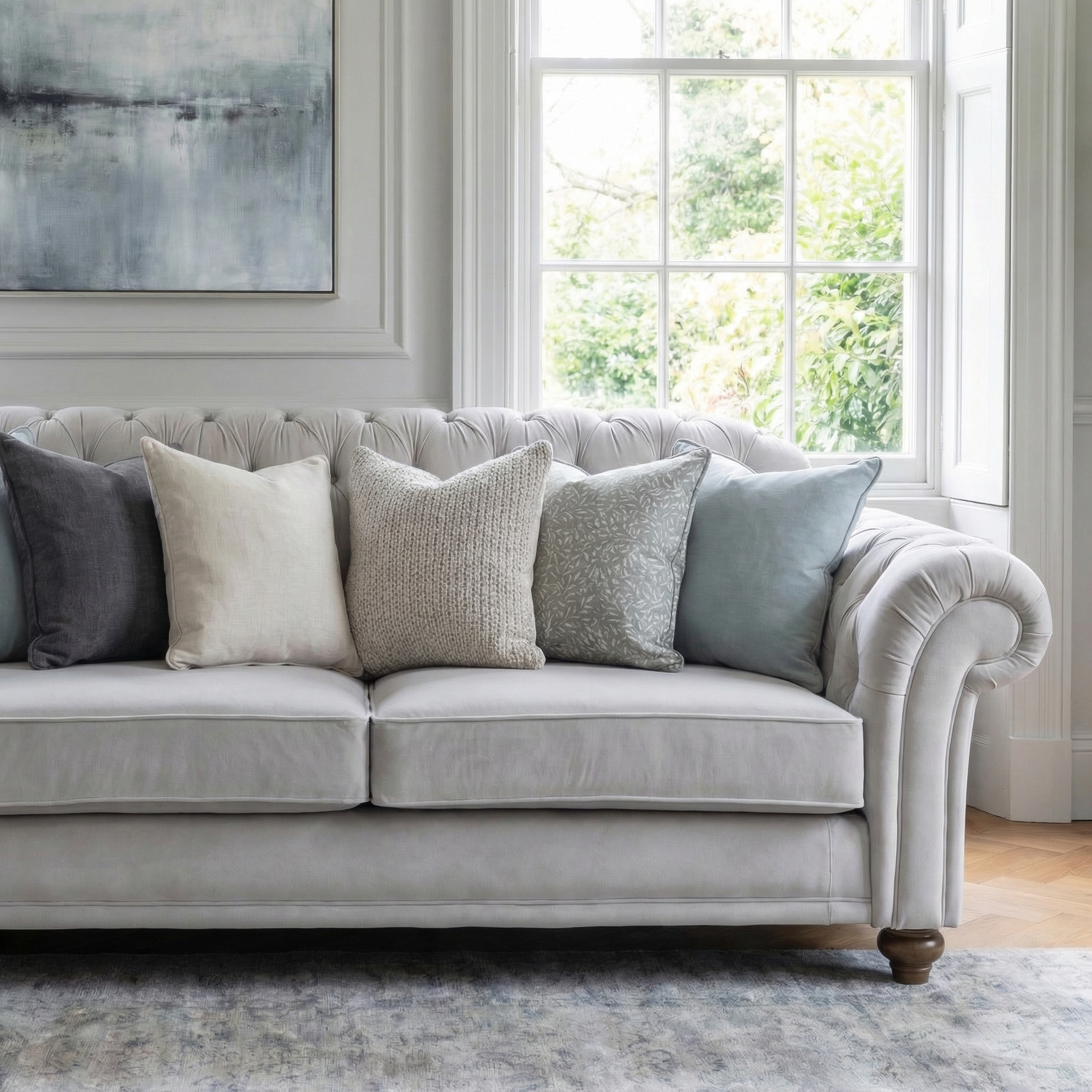Chesterfield 2 Seat Velvet Sofa in Feather Grey with assorted pillows in a bright living room, highlighted by a large window and framed artwork on the wall.