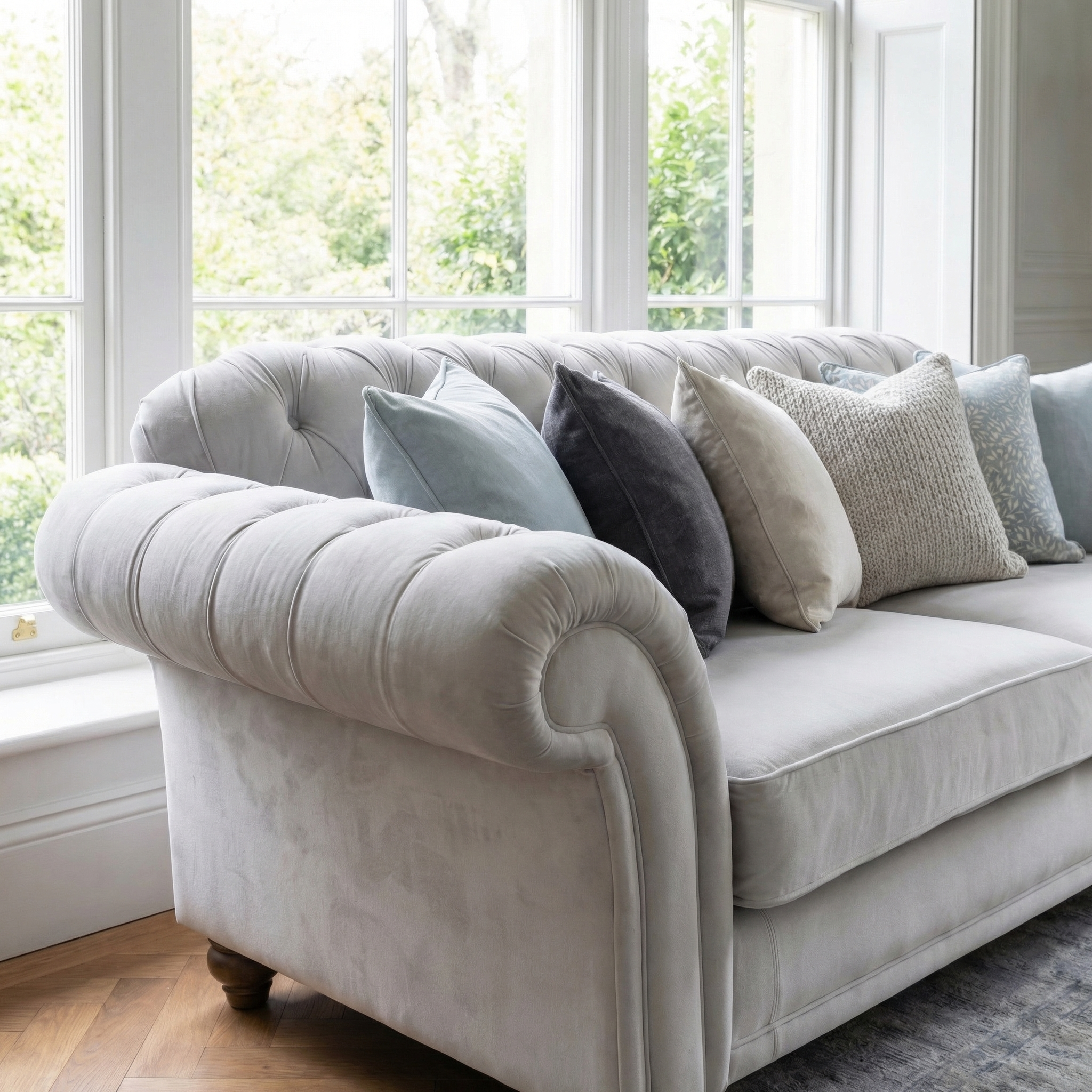 The Chesterfield 2 Seat Velvet Sofa in Feather Grey, complemented by assorted cushions, offers a plush and inviting look, perfectly placed before large windows showcasing lush greenery outside.