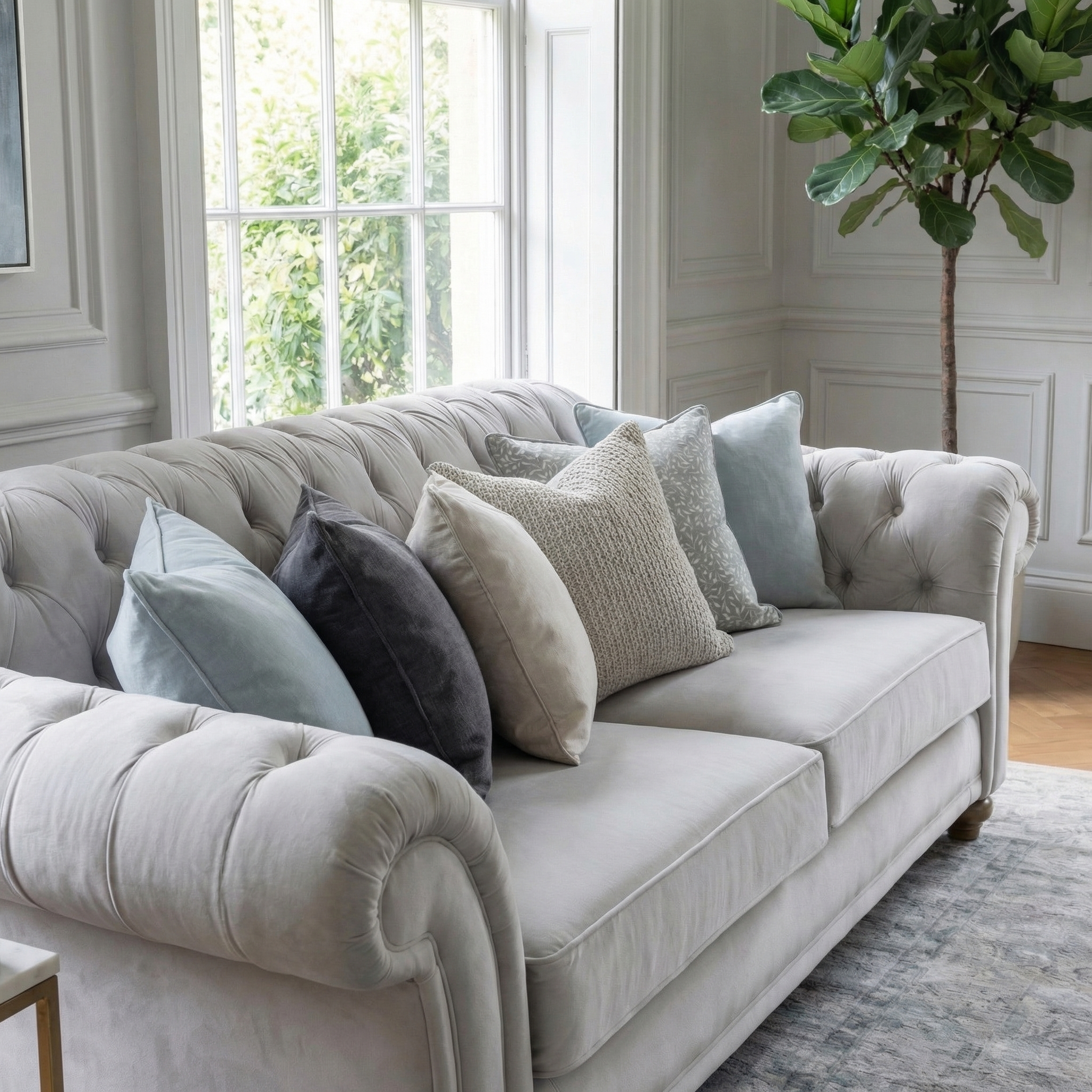 The Chesterfield 2 Seat Velvet Sofa in Feather Grey is styled with assorted neutral throw pillows and placed by a window beside a tall potted plant.
